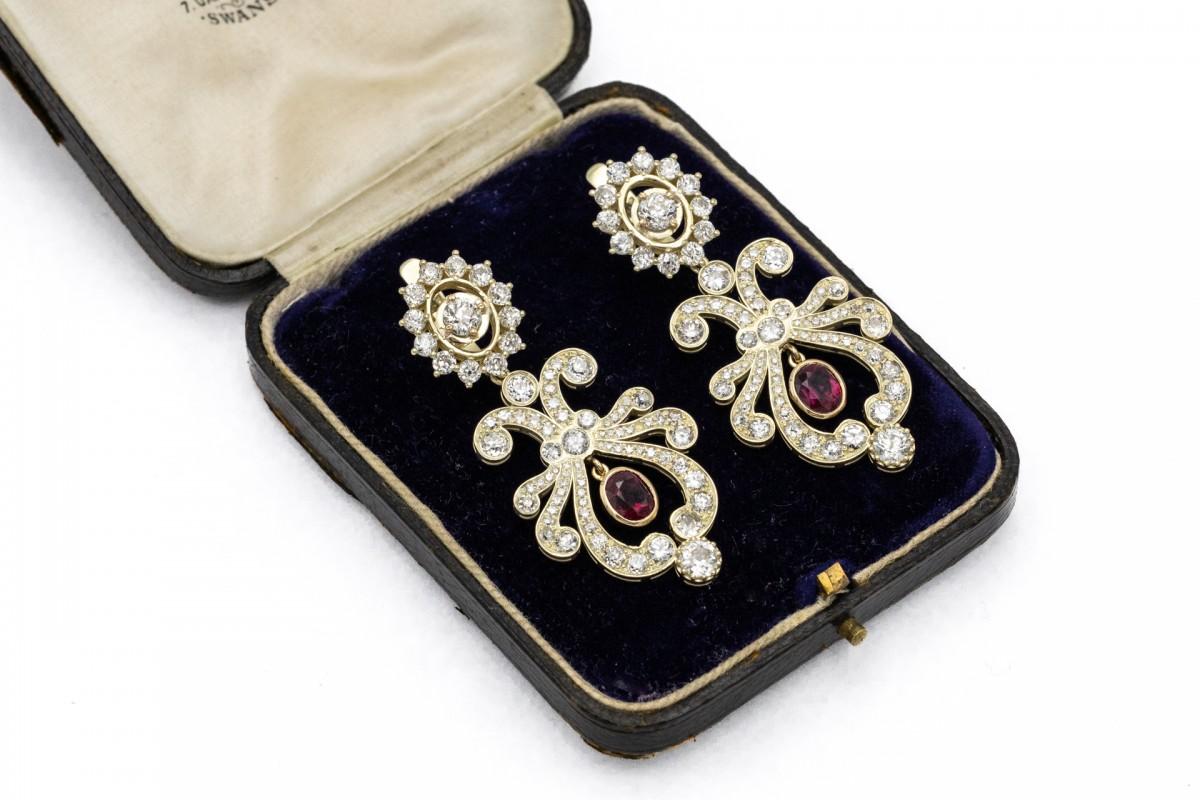 Russian Revival Old earrings with diamonds and natural rubies, Russia, early XX century. For Sale
