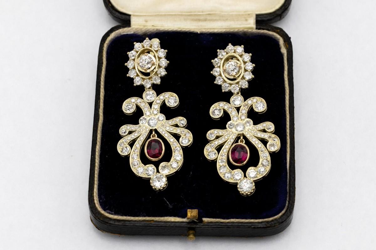 Women's Old earrings with diamonds and natural rubies, Russia, early XX century. For Sale