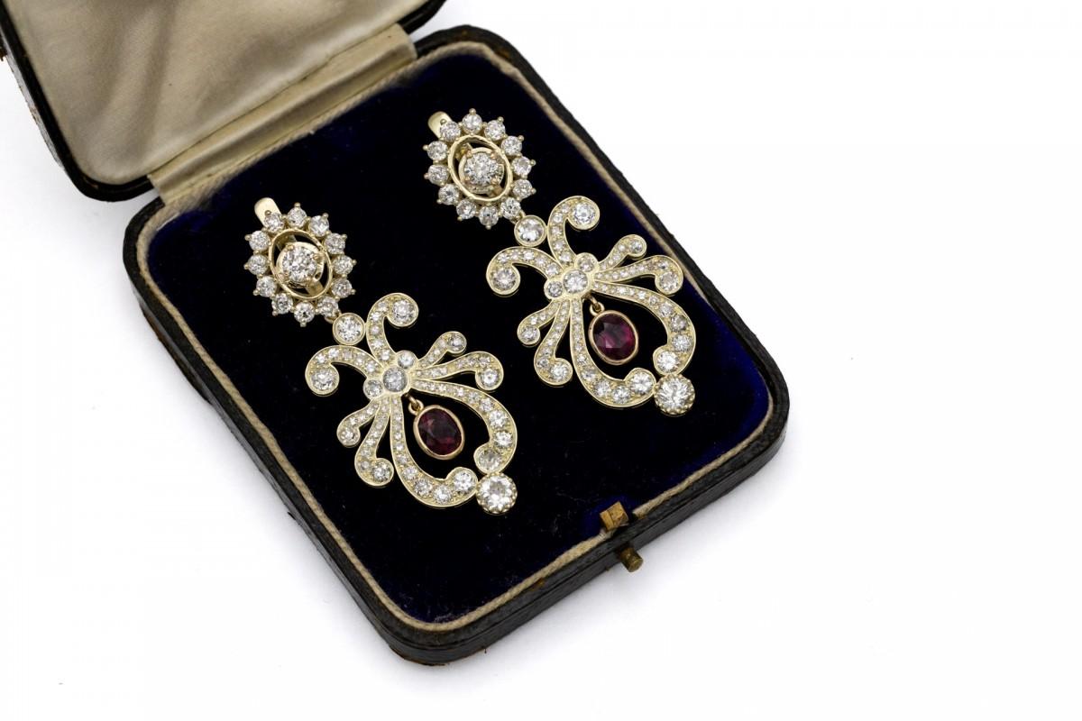 Old earrings with diamonds and natural rubies, Russia, early XX century. For Sale 3