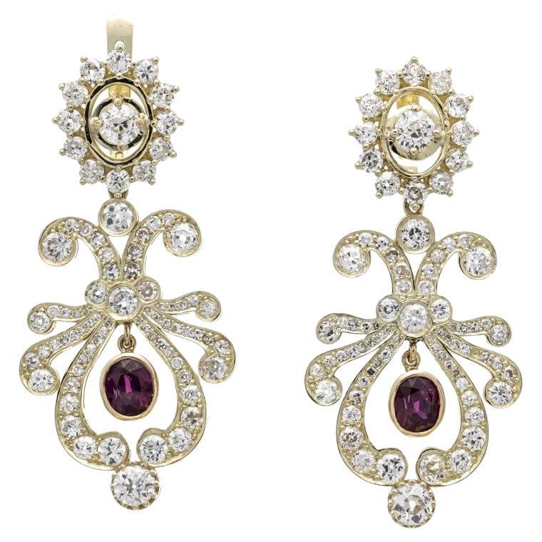 Old earrings with diamonds and natural rubies, Russia, early XX century. For Sale