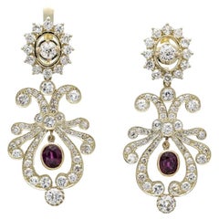 Retro Old earrings with diamonds and natural rubies, Russia, early XX century.
