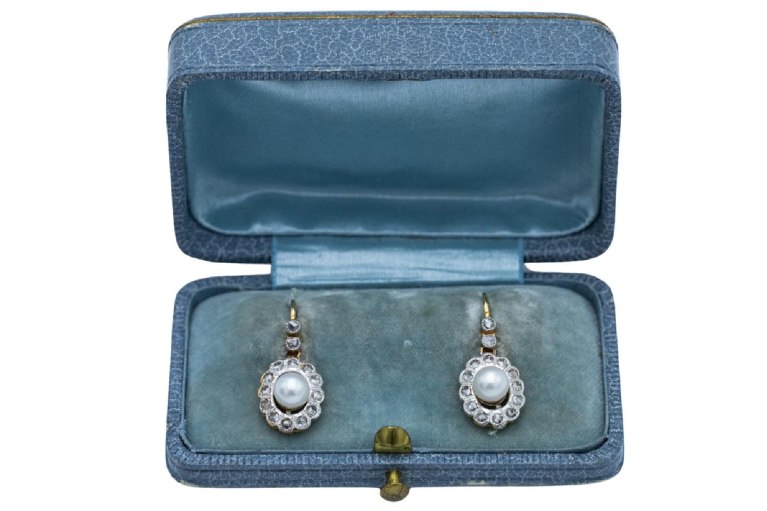 Old earrings with rose-cut diamonds and pearls, Western Europe, circa 1900. In Good Condition For Sale In Chorzów, PL