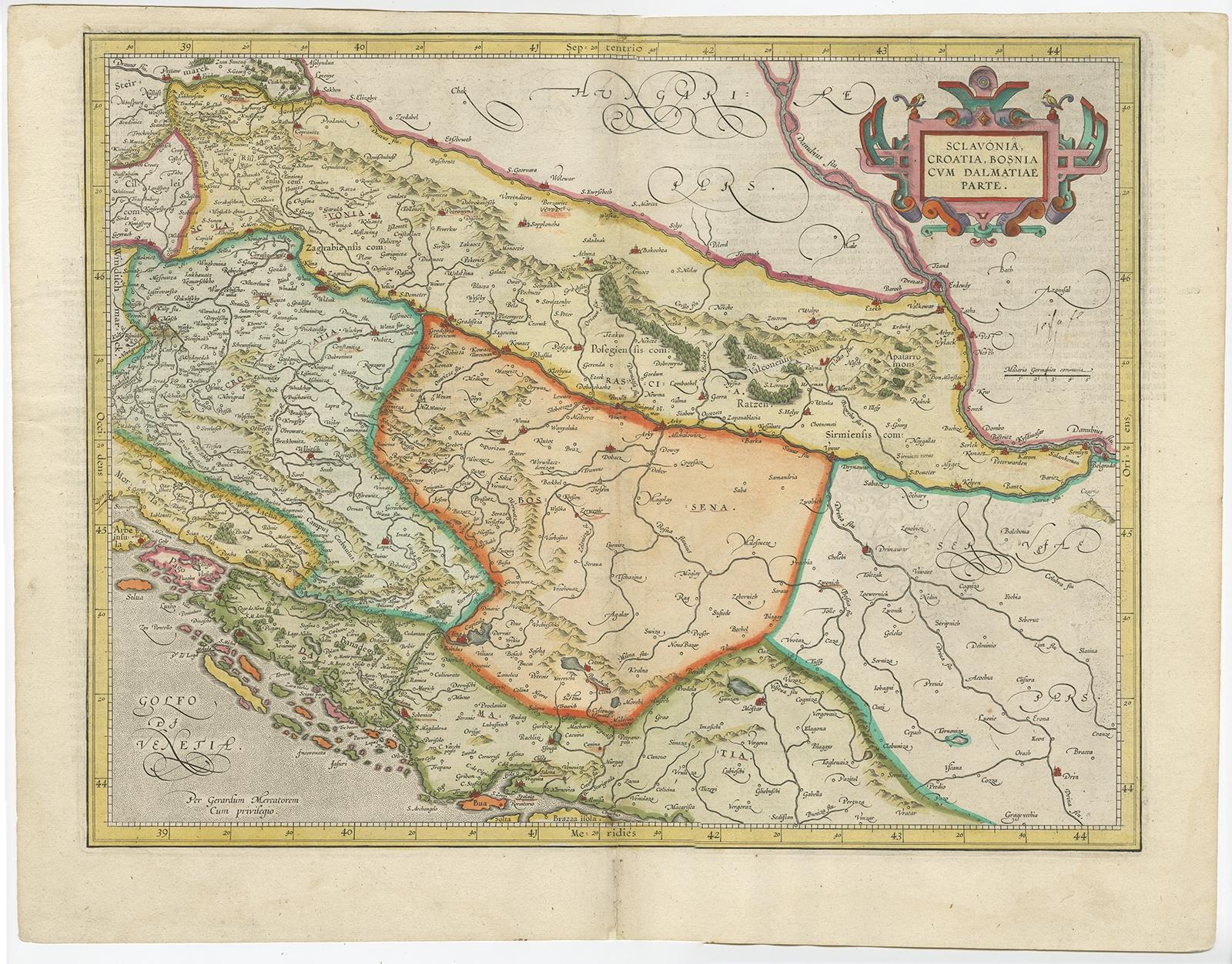 Antique map titled 'Sclavonia, Croatia, Bosnia cum Dalmatiae Parte'. Old map of the Eastern Balkans with the geographical & political divisions of Dalmatia, Croatia, Slavonia, Bosnia, Serbia, etc. The map details the course of the Danube, Sauus, and