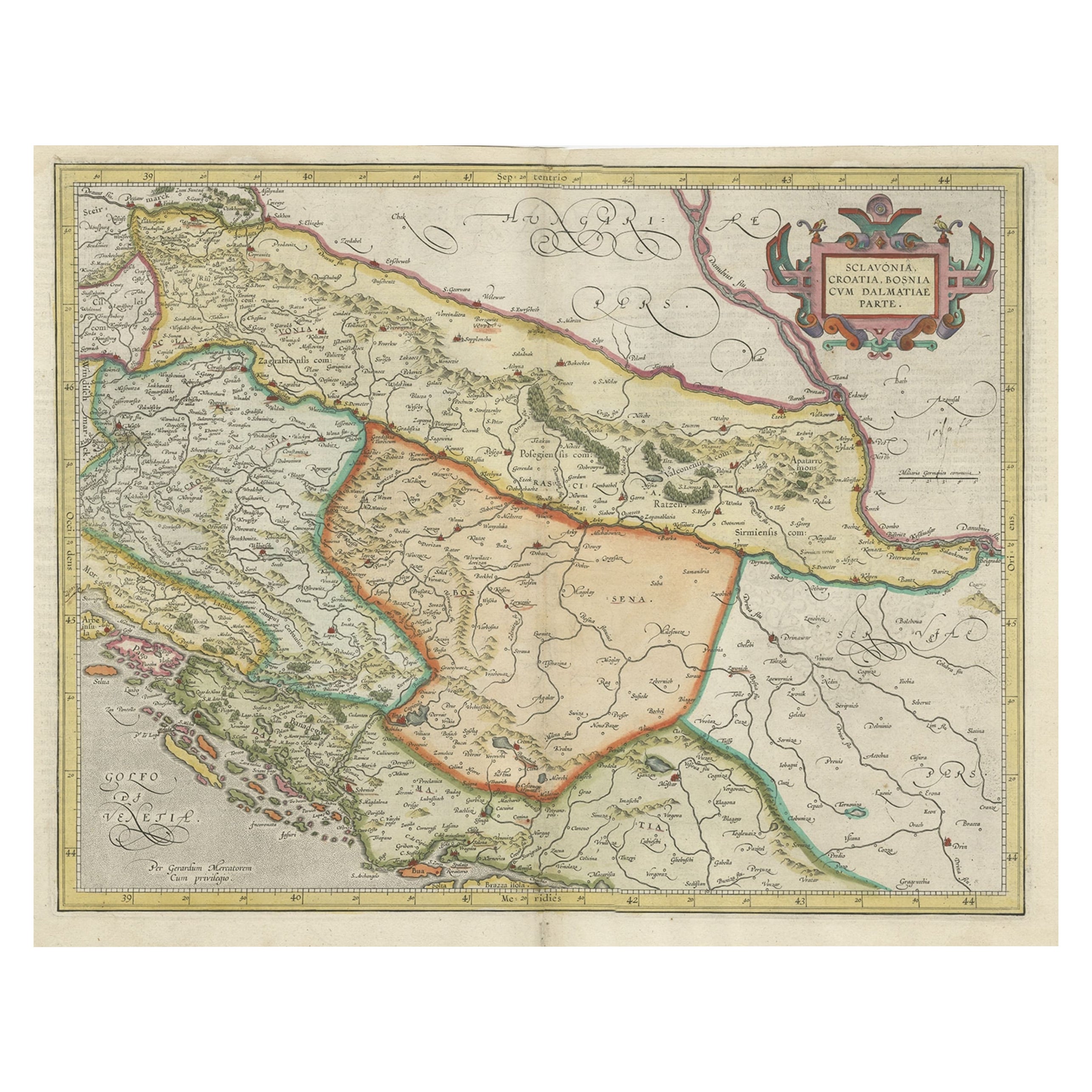 Carte ancienne des Balkans de l'Est, avec Dalmatia, Croatie, Slavonie, Bosnie, Serbie, 1633