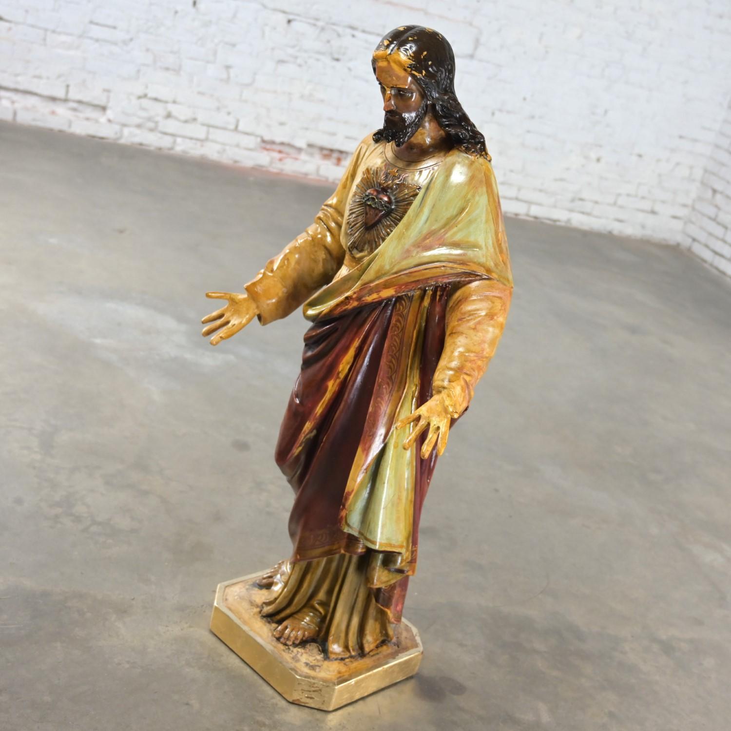 Other Old Ecclesiastical Religious Art Sacred Heart of Jesus Plaster Statue Sculpture  For Sale