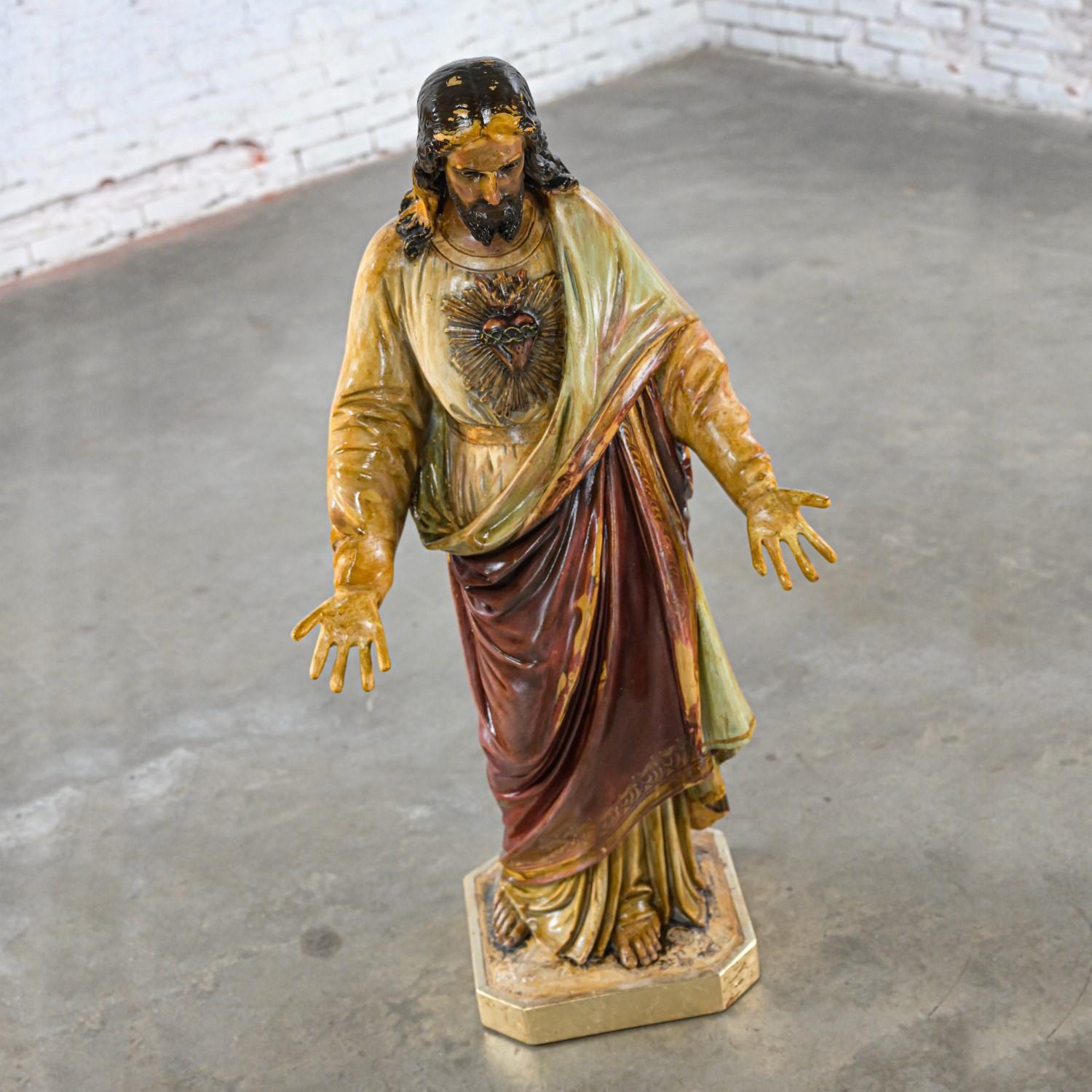 Unknown Old Ecclesiastical Religious Art Sacred Heart of Jesus Plaster Statue Sculpture  For Sale