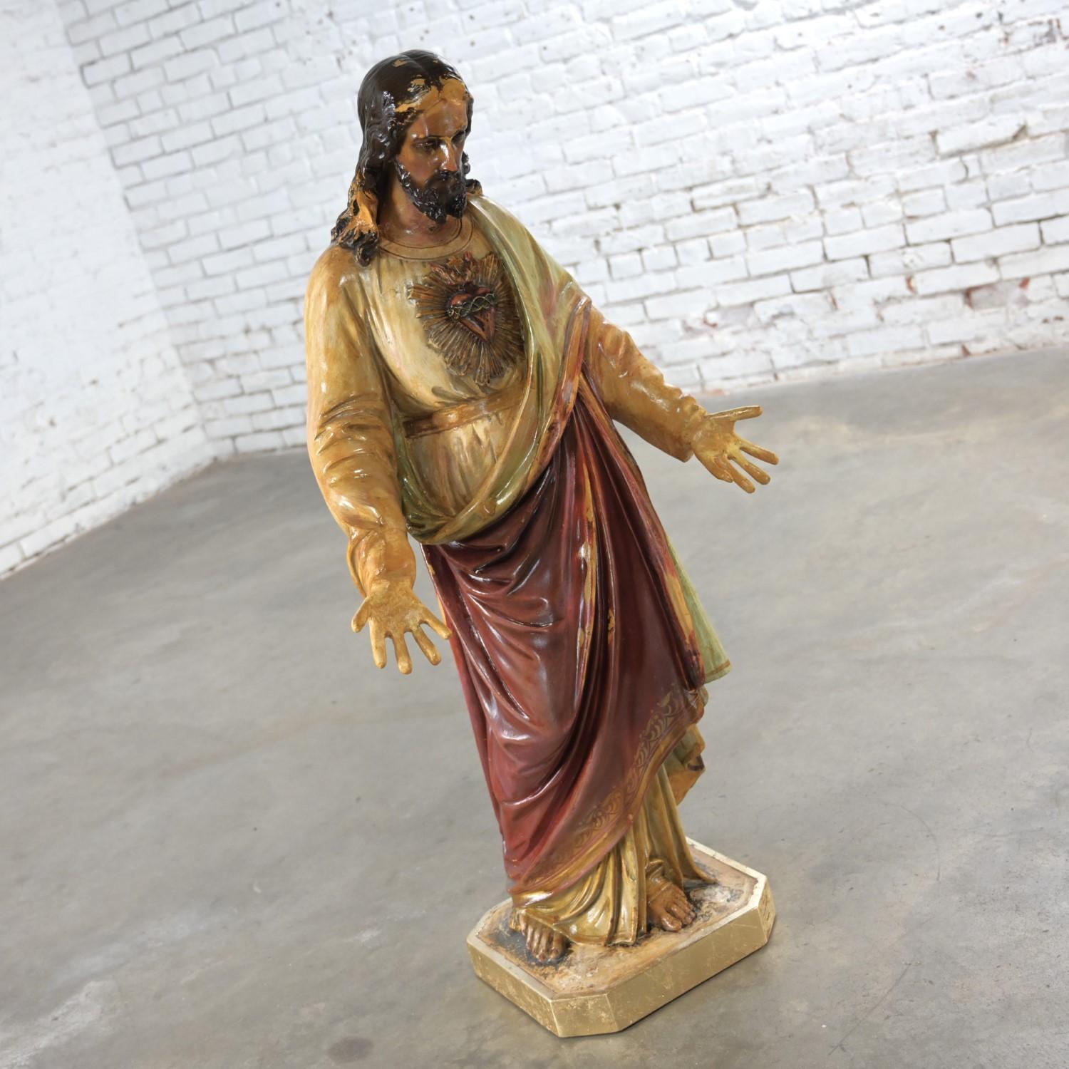 19th Century Old Ecclesiastical Religious Art Sacred Heart of Jesus Plaster Statue Sculpture  For Sale