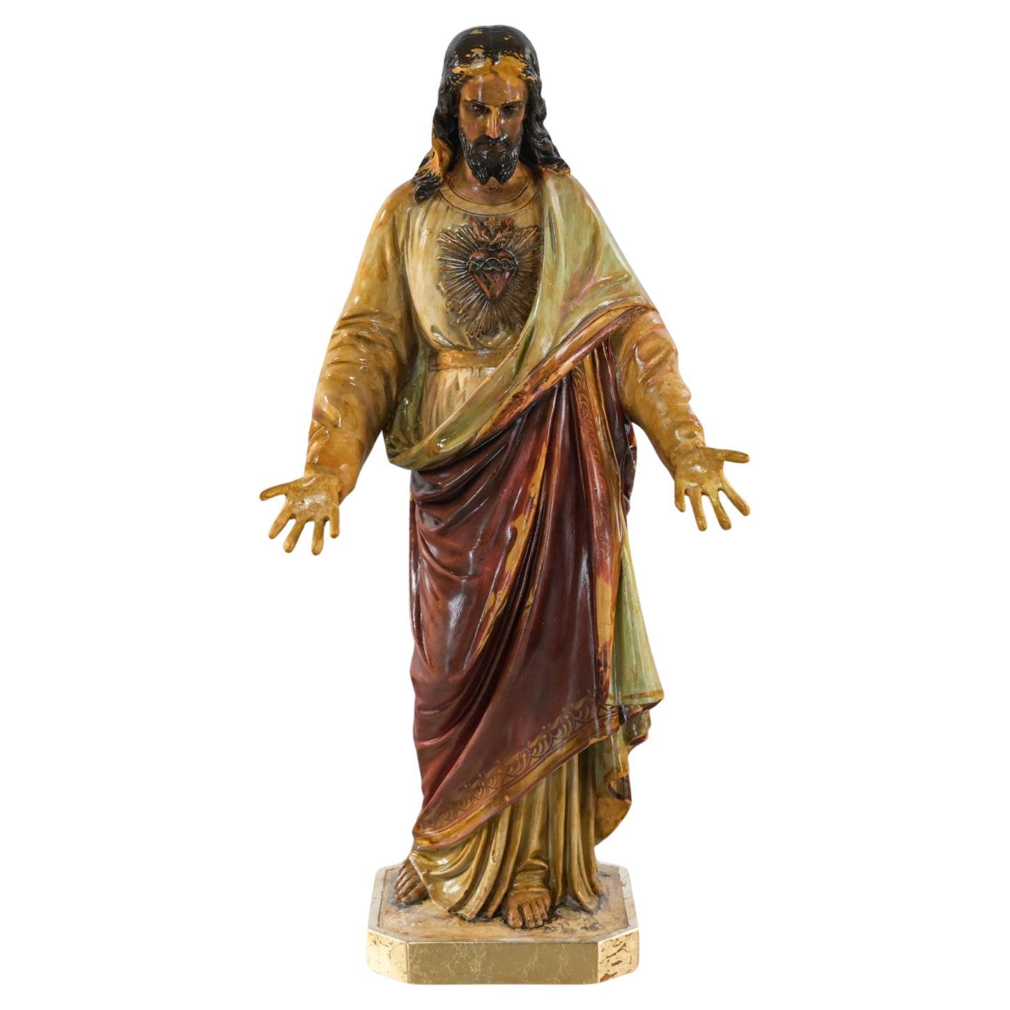 Old Ecclesiastical Religious Art Sacred Heart of Jesus Plaster Statue Sculpture  For Sale