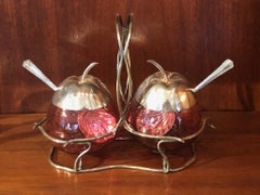 Old Edwardian Cranberry "Apple" Perserve Pots in Silver Plate Stand from England