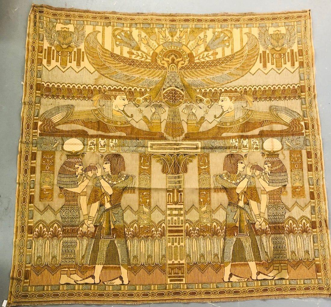A late 19th century Circa 1890's Egyptian silk panel tapestry in earthy color tones and showing incredible details and design. This art piece is a representation of the Pharaohs tombs interiors and features old Egyptian folk art with old symbols ,