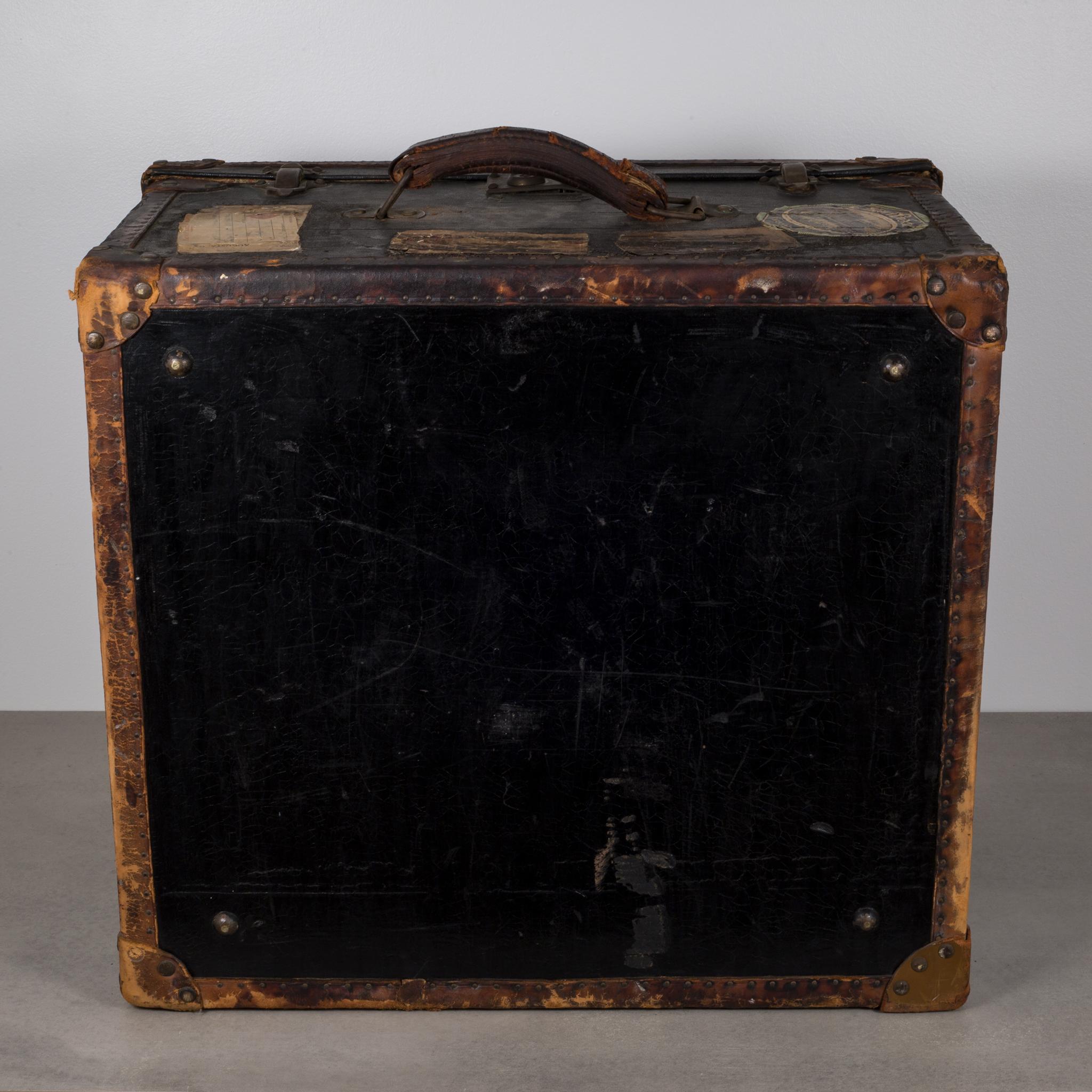 Industrial Old England Leather or Brass Luggage with Original Travel Stickers c.1900-1930