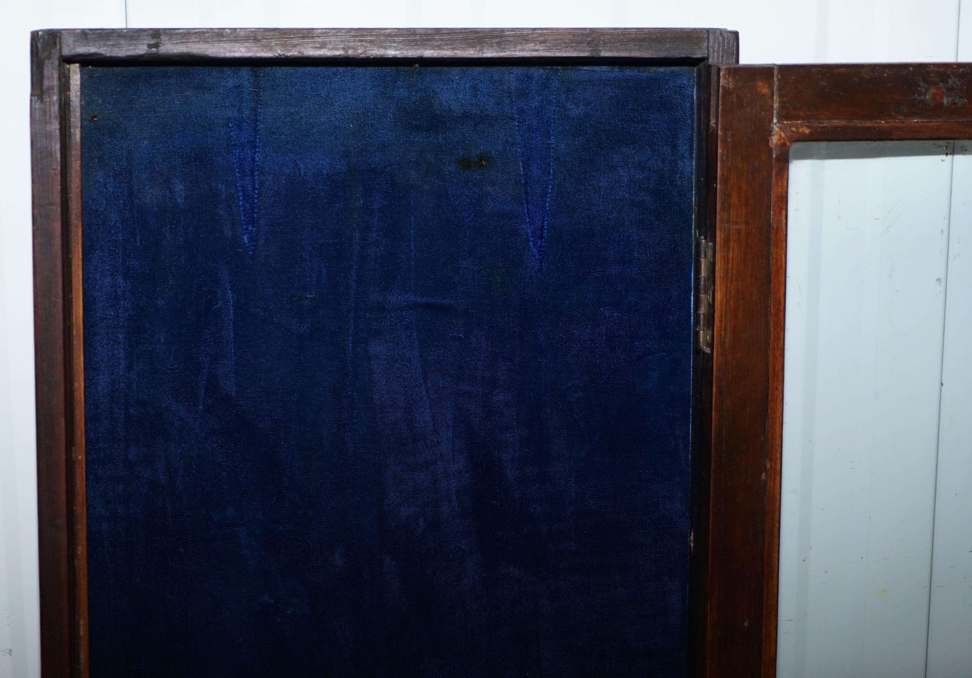 Old English Blue Velvet Lined Oak Display Collectors Cabinet with Original Key 5