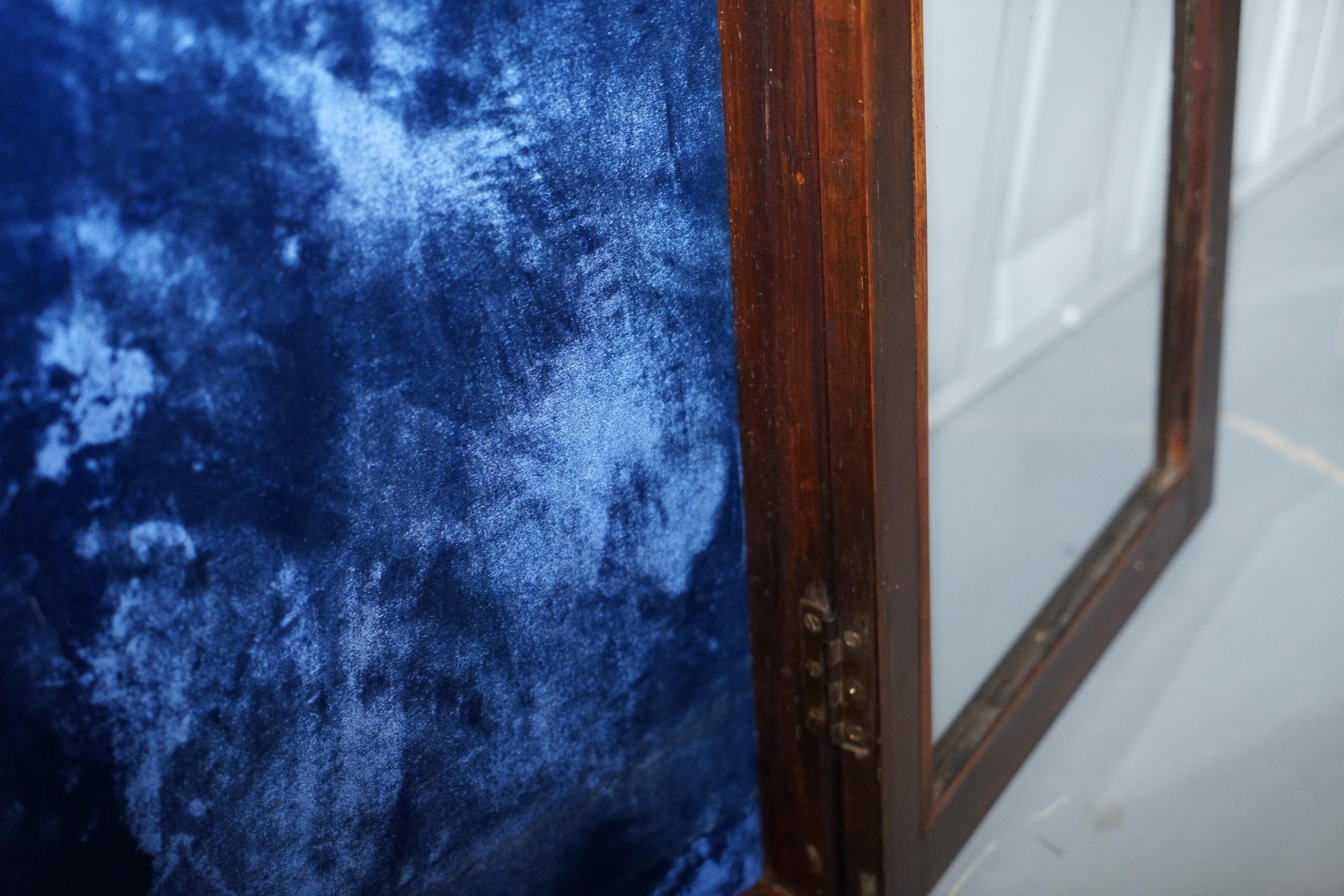 Old English Blue Velvet Lined Oak Display Collectors Cabinet with Original Key 7
