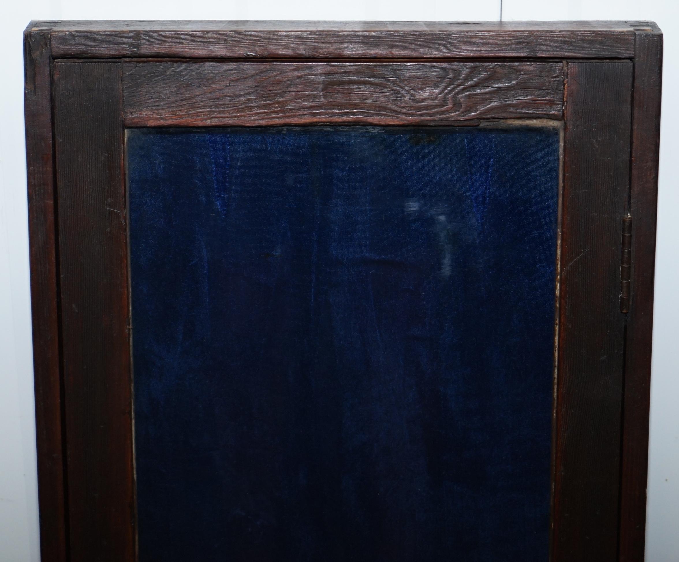 British Old English Blue Velvet Lined Oak Display Collectors Cabinet with Original Key