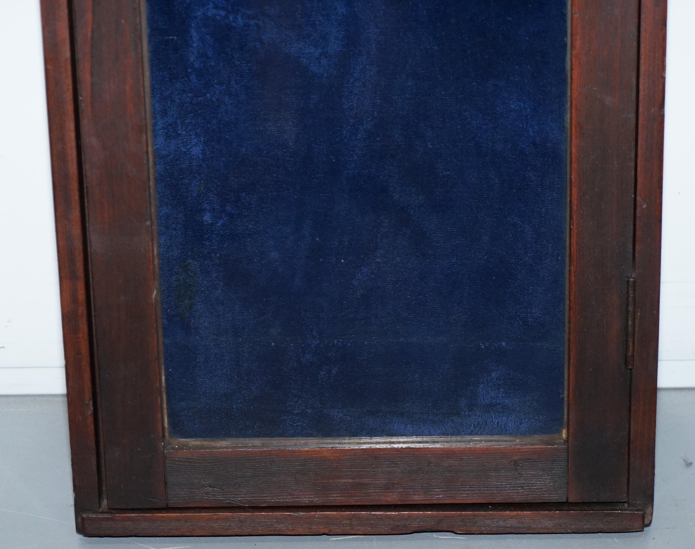 Hand-Carved Old English Blue Velvet Lined Oak Display Collectors Cabinet with Original Key