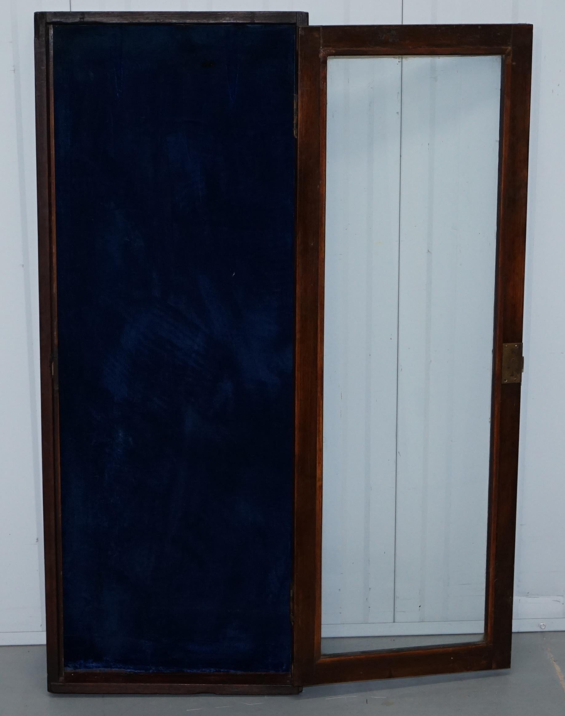 Old English Blue Velvet Lined Oak Display Collectors Cabinet with Original Key 3