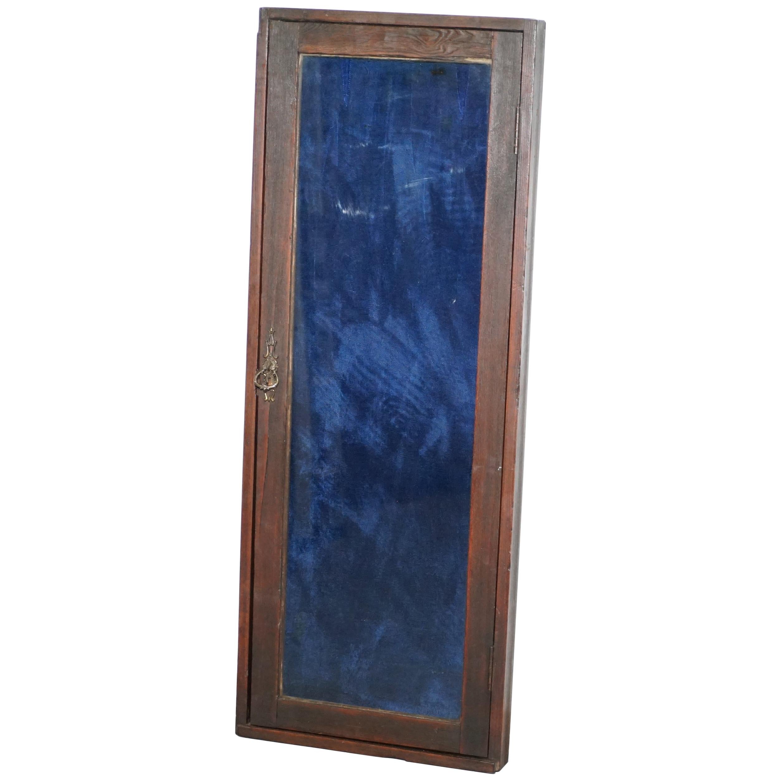 Old English Blue Velvet Lined Oak Display Collectors Cabinet with Original Key