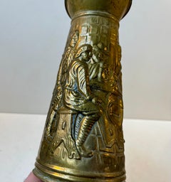 Old English Brass Pitcher w. Medieval Embossed Micro-cosmos