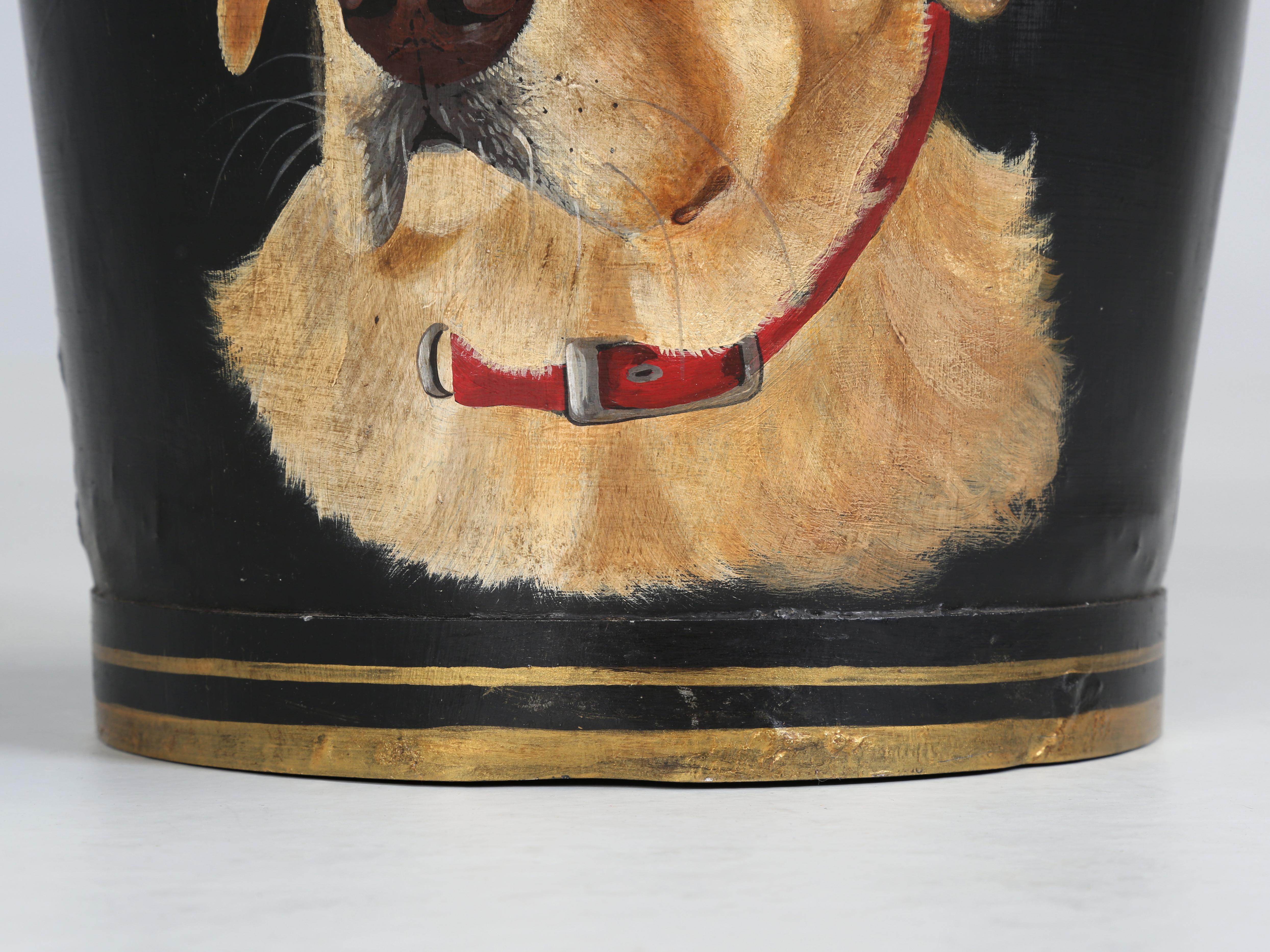 Old English Bucket Repurposed with a Hand-Painted Scottish Golden Retriever  In Good Condition For Sale In Chicago, IL