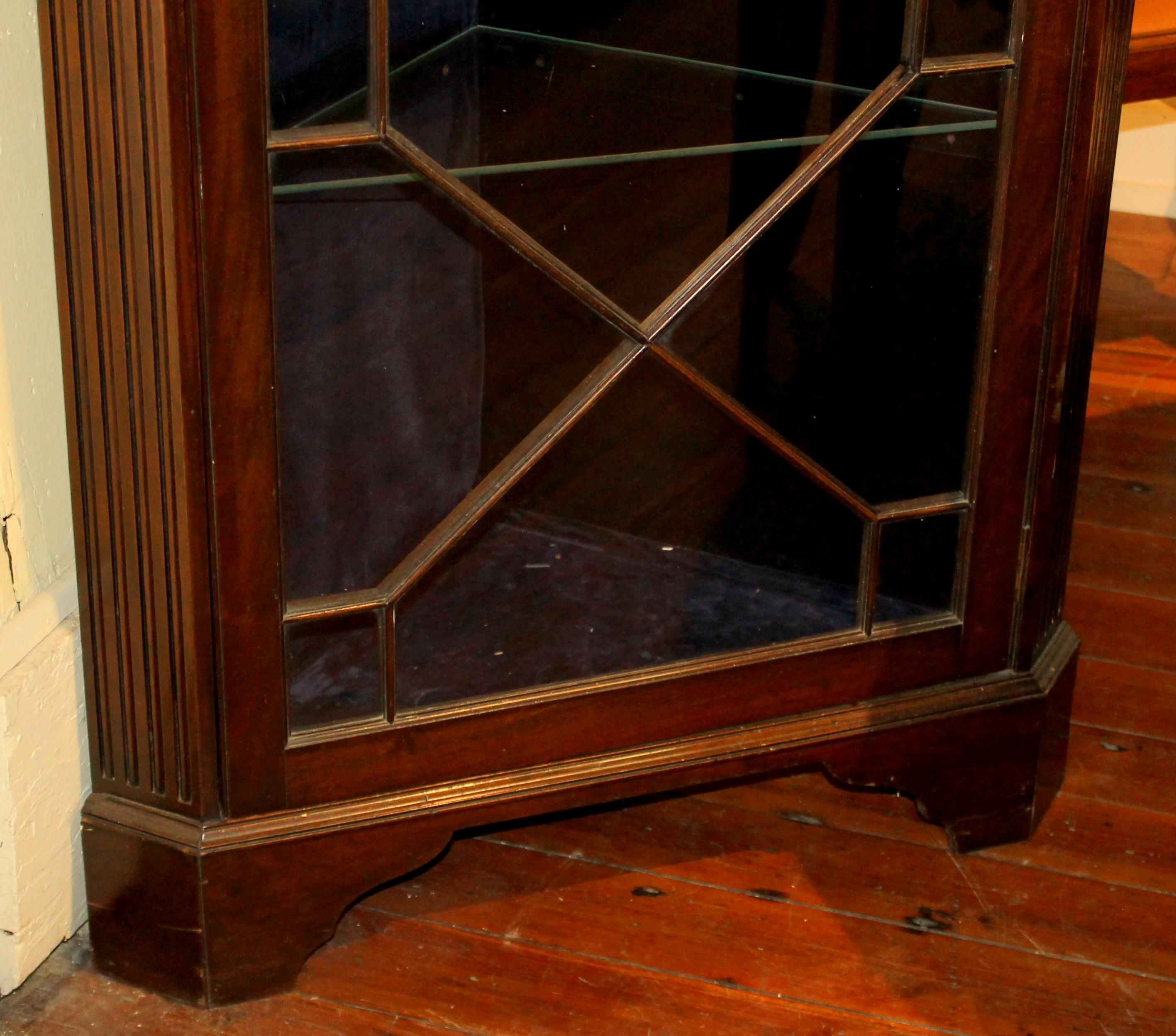 Hand-Carved Old English Carved Solid Mahogany Chippendale Style Glass Front Corner Cupboard
