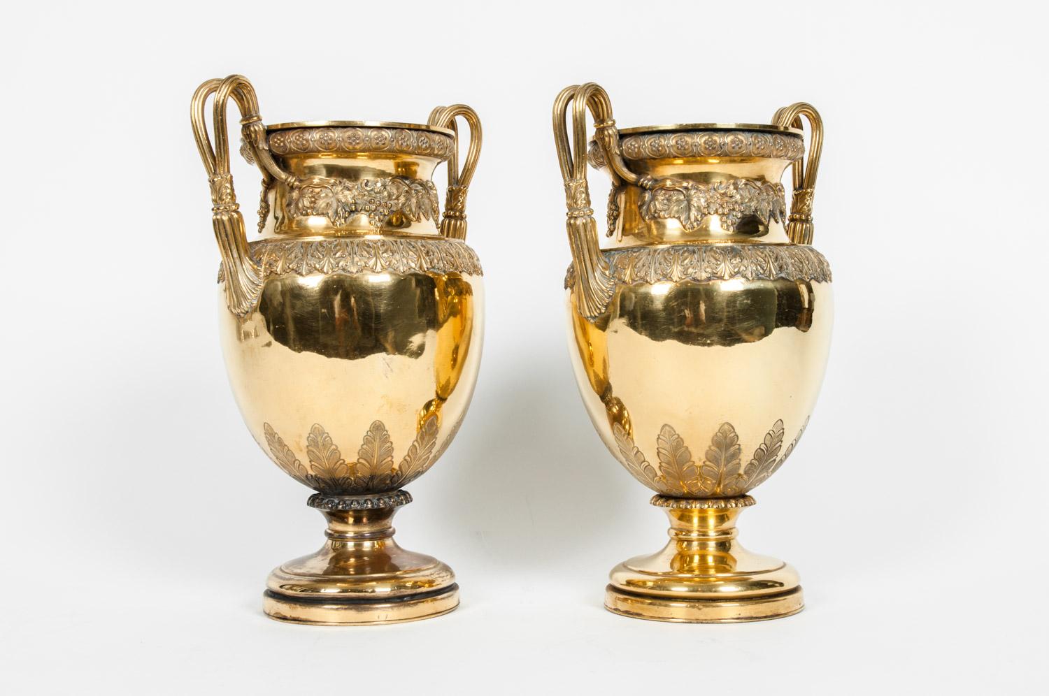 Old English decorative pair bronze vases / Pieces with detachable holding insert. Each one is in excellent antique condition. Each vase / piece measure about 13 inches high x 9 inches diameter.