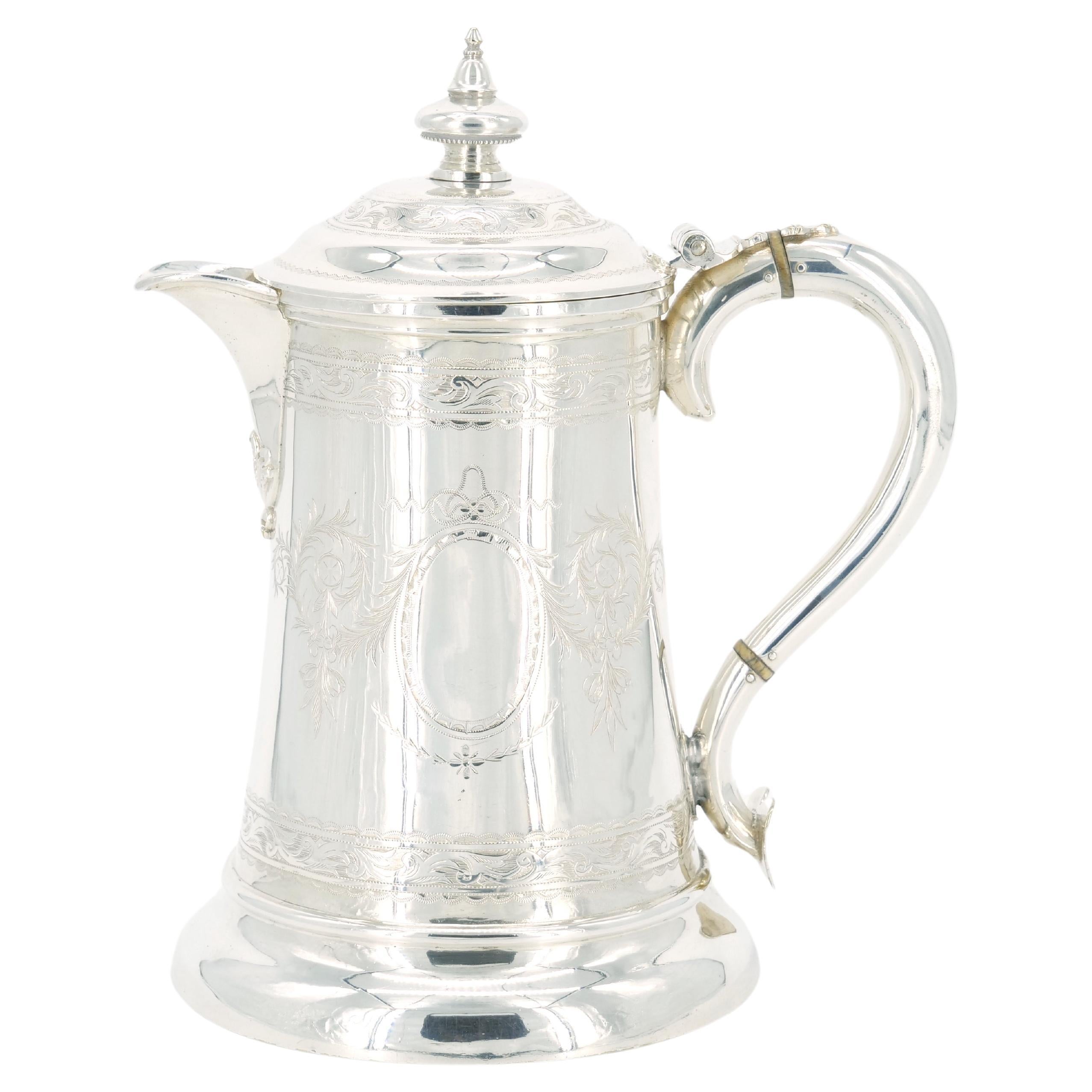 Old English Engraved Exterior Silver Plate Walker & Hall Tankard For Sale