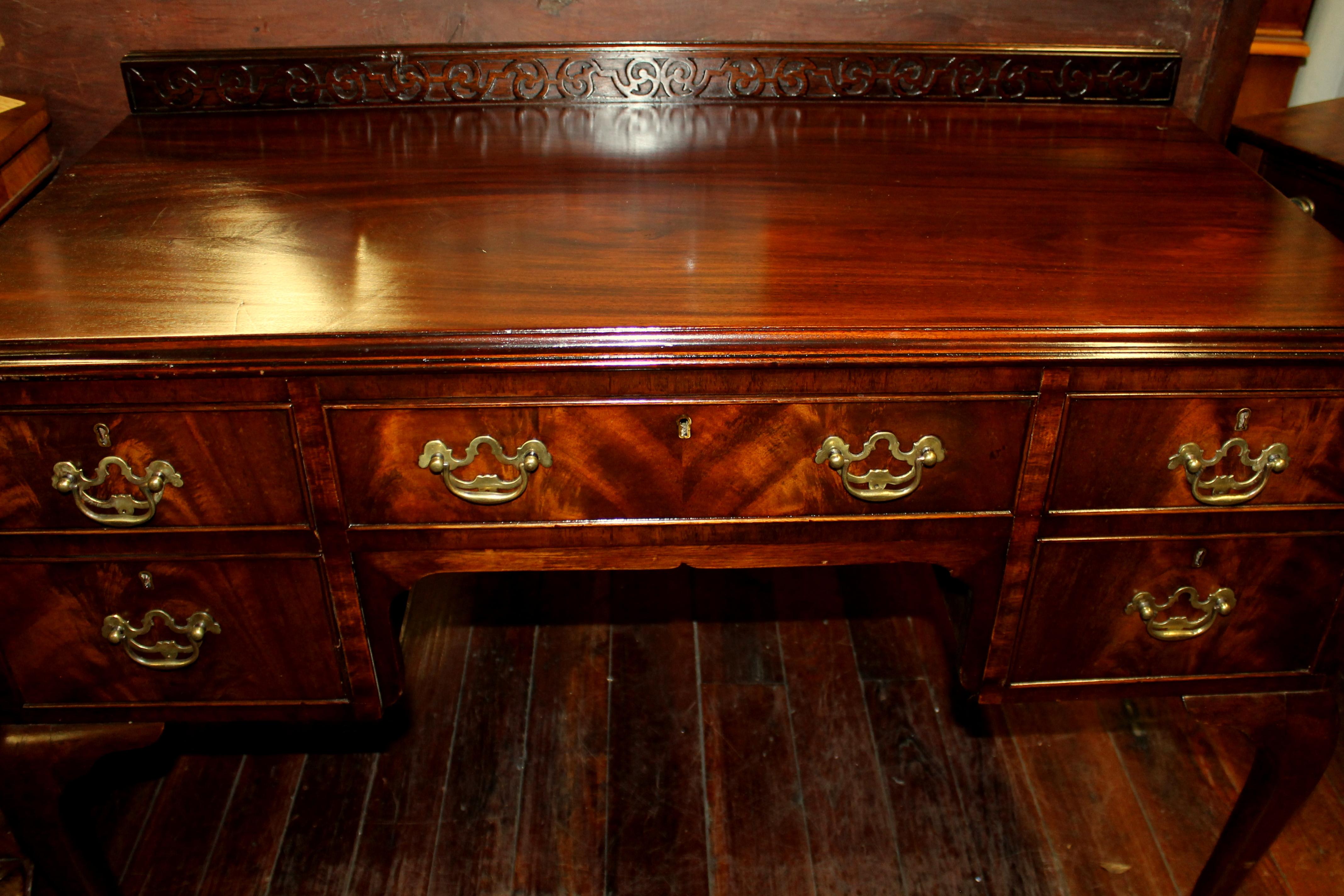 Hand-Crafted Old English Figured or Flame Mahogany Chippendale Style Desk with Gallery Back
