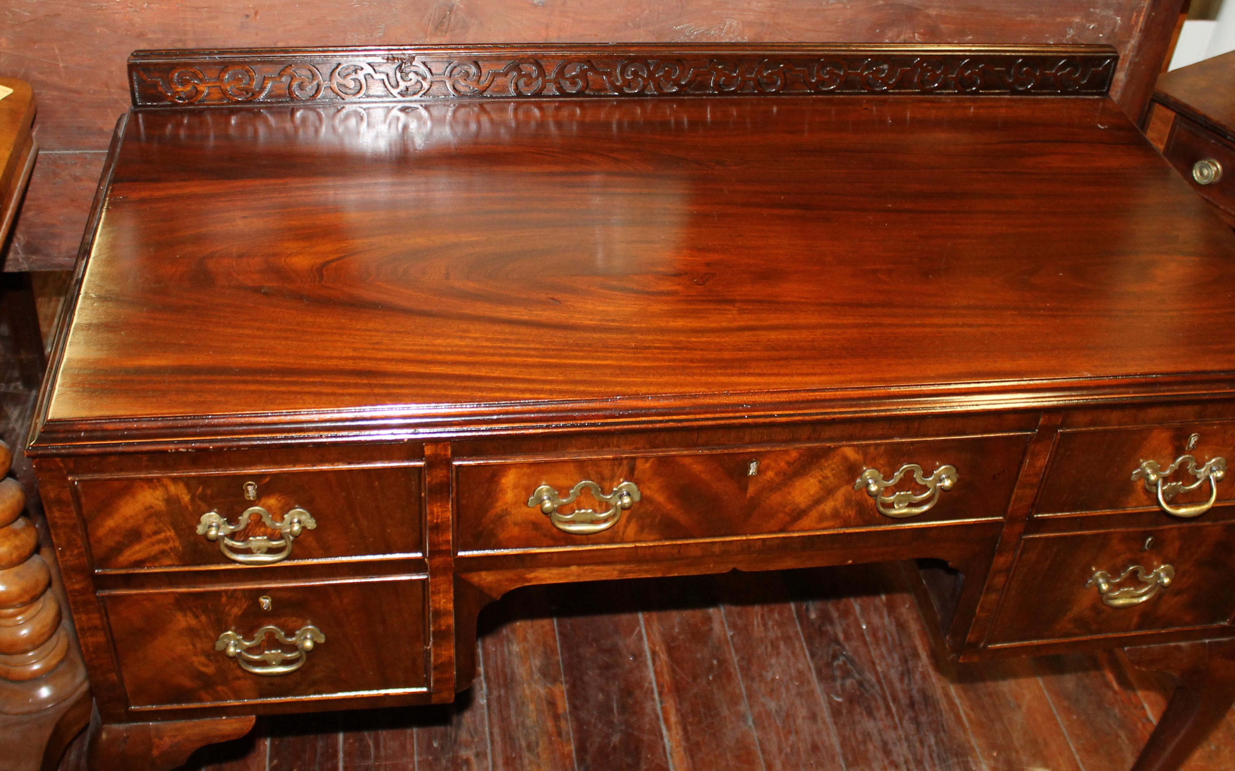 Old English Figured or Flame Mahogany Chippendale Style Desk with Gallery Back 1