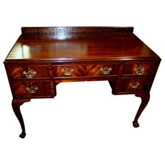 Old English Figured or Flame Mahogany Chippendale Style Desk with Gallery Back
