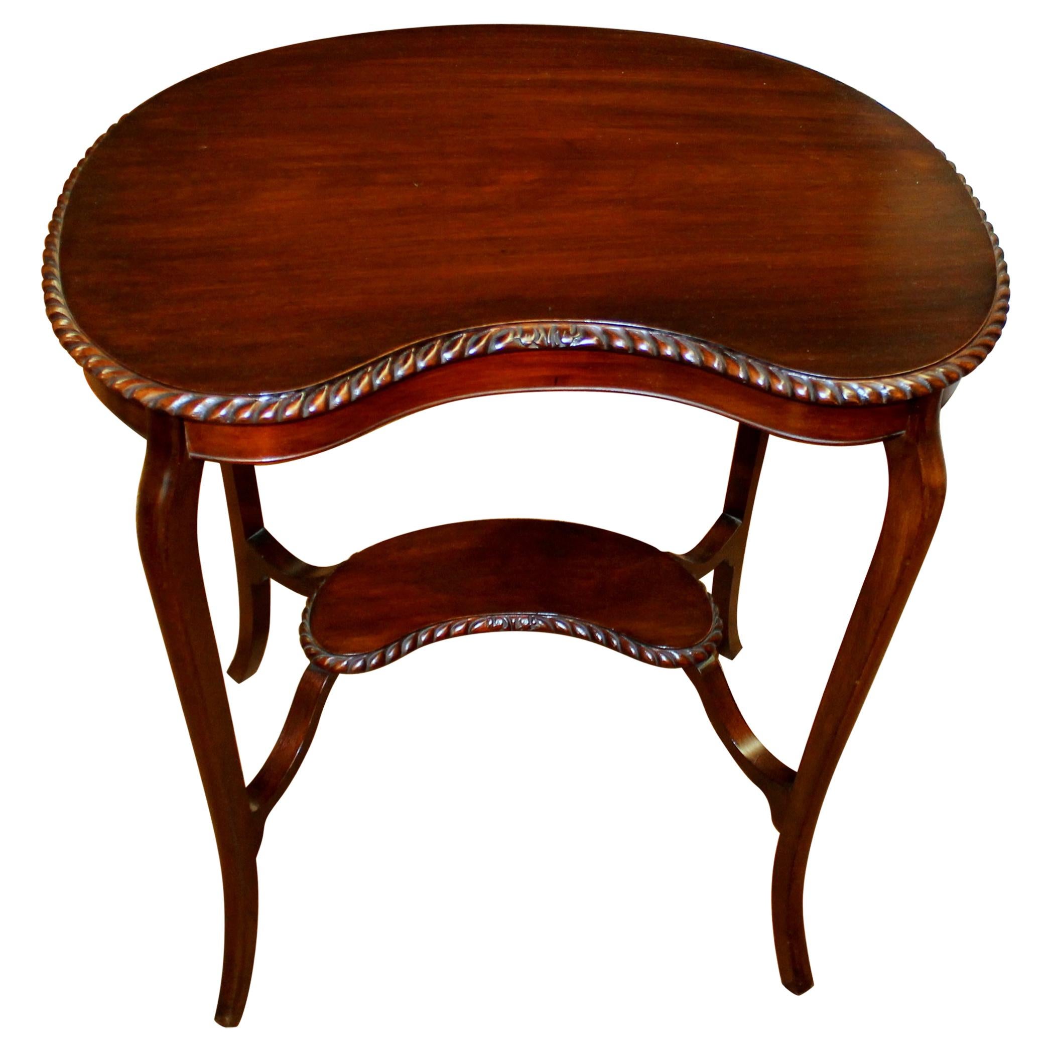 Old English Hand Carved Mahogany Gadroon Edge Kidney Shape Occasional Table