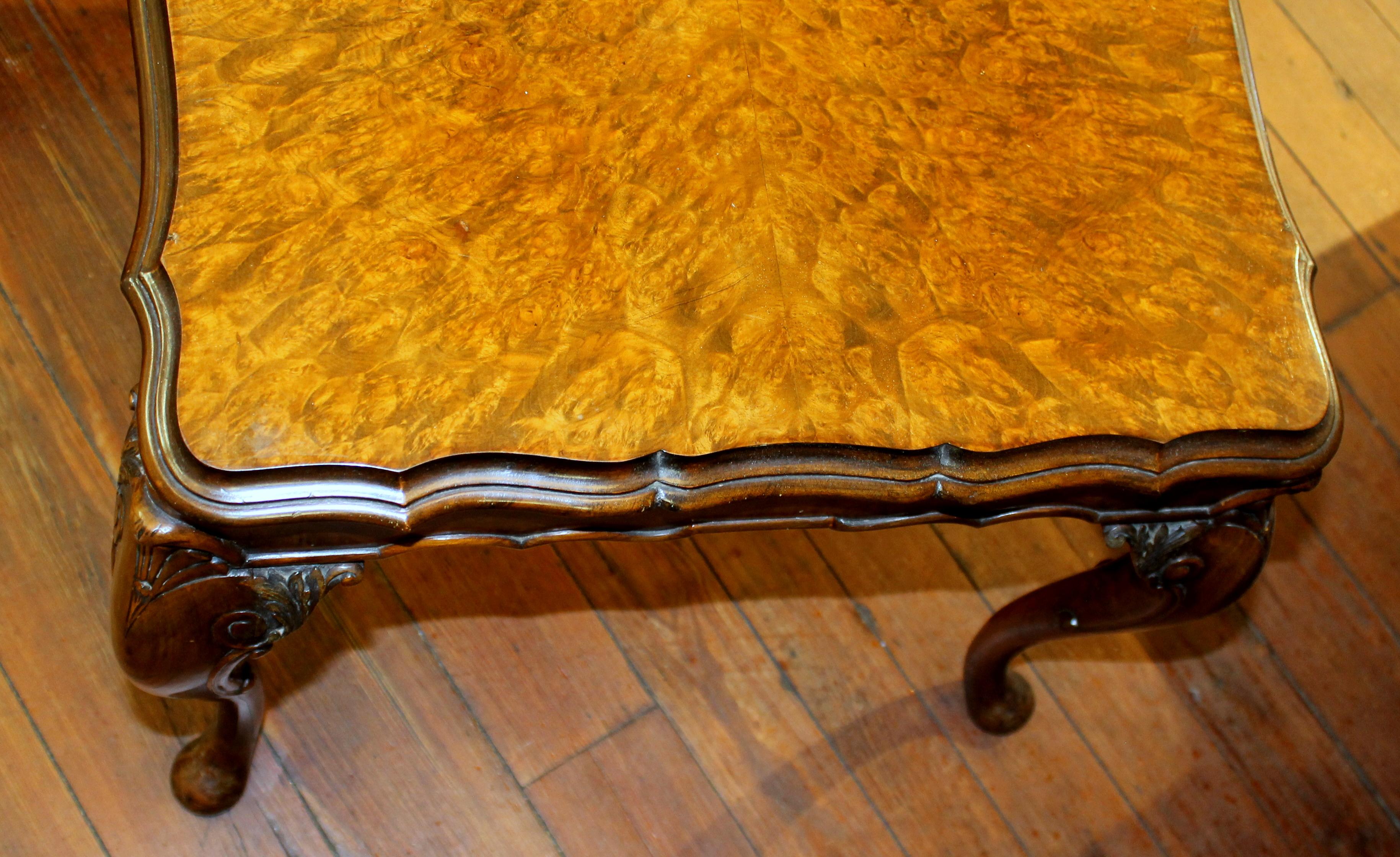Old English Highly Figured Burr Walnut Georgian Style Carved Coffee Table 1