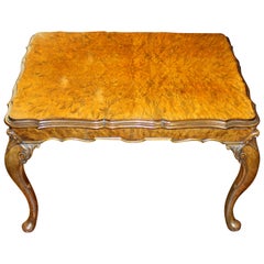 Antique Old English Highly Figured Burr Walnut Georgian Style Carved Coffee Table