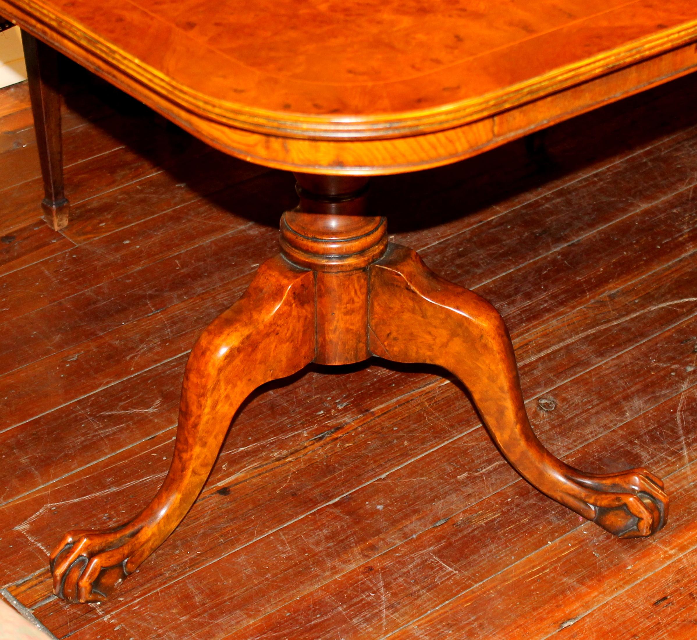 Old English Inlaid Burr Walnut Chippendale Style 2 Pedestals 2-Leaf Dining Table 7