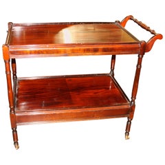 Antique English Inlaid Flame Mahogany Tea Cart / Drinks Trolley on Casters with Drawer