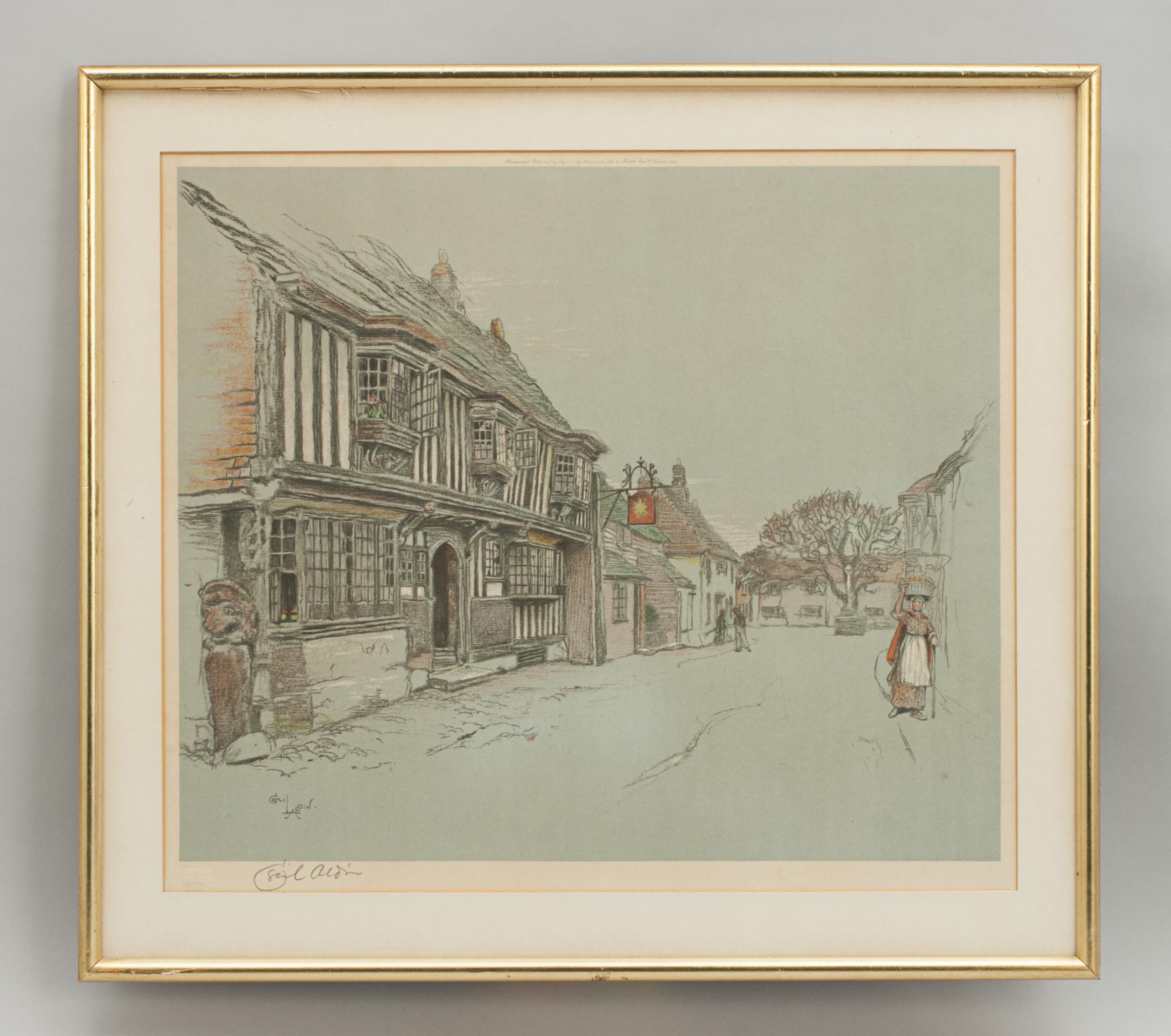 Cecil Aldin, Old Inns, The Star Inn.
A very nice colourful framed chromolithograph by Cecil Aldin of The Star Inn, Alfriston, Sussex. The print is printed and published by Eyre & Spottiswoode, Ltd., 4 Middle New Street, London, E.C.4. and signed in