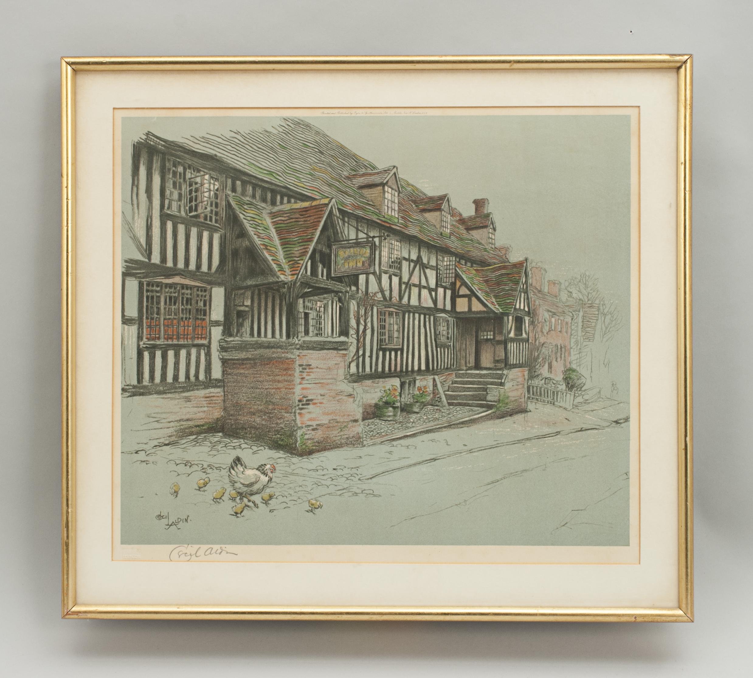 Cecil Aldin, Old Inns, The Talbot Inn.
A very nice colourful Chromolithograph by Cecil Aldin of The Talbot Inn, Chaddesley, Corbett. The print is printed and published by Eyre & Spottiswoode, Ltd., 4 Middle New Street, London, E.C.4. and signed in