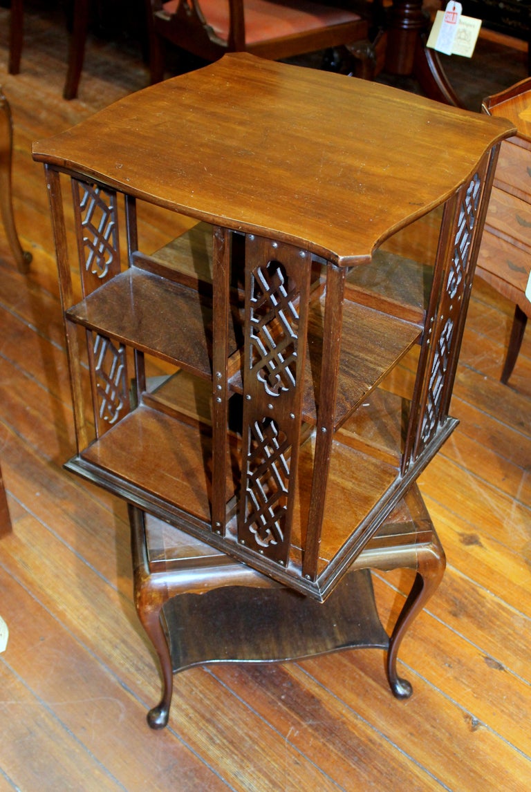 Old English Mahogany Revolving Book Table with Queen Anne Style Base
