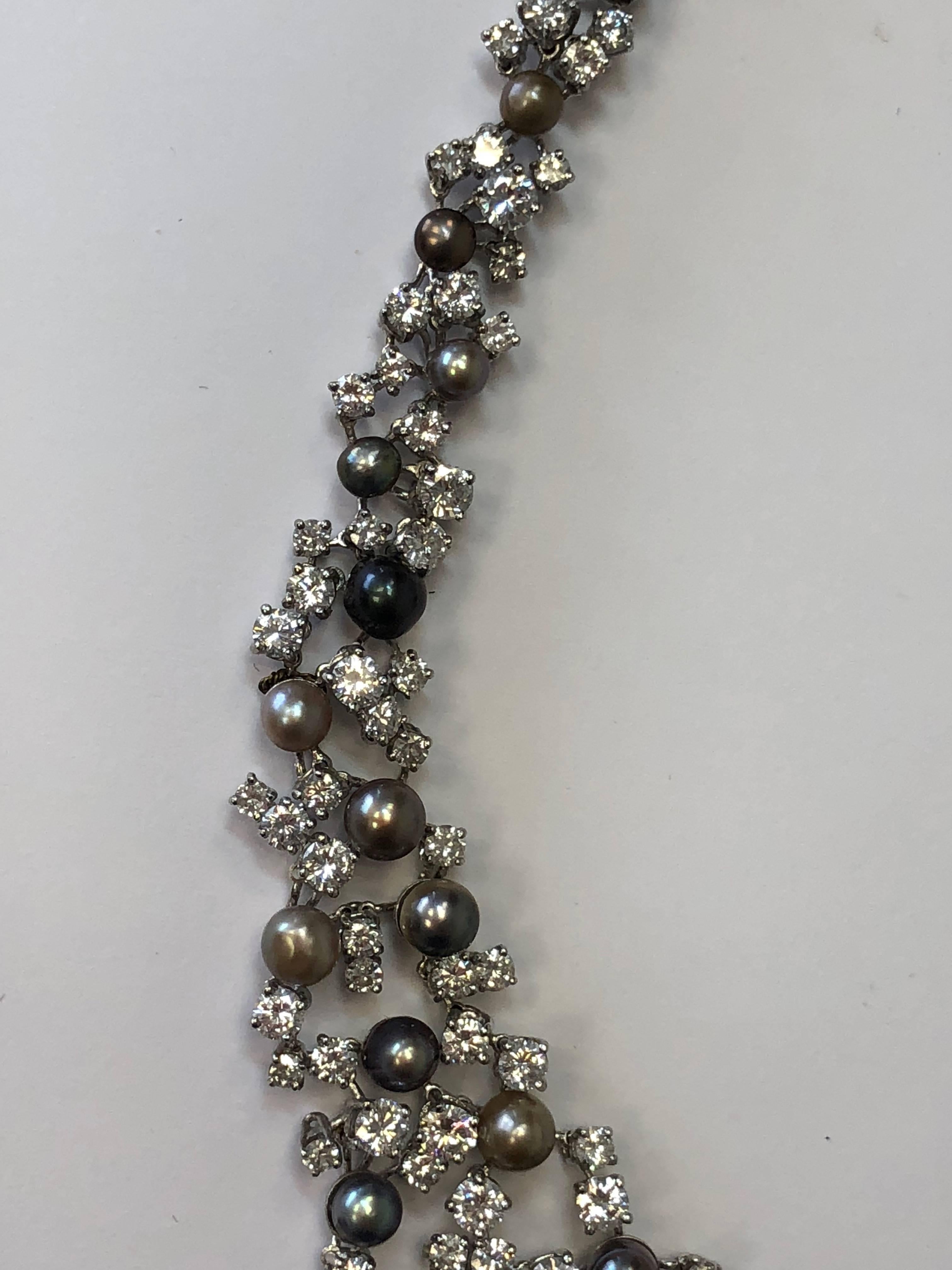 Alte alte englische natürliche graue runde Perlenkette mit Diamanten in Platin für Damen oder Herren