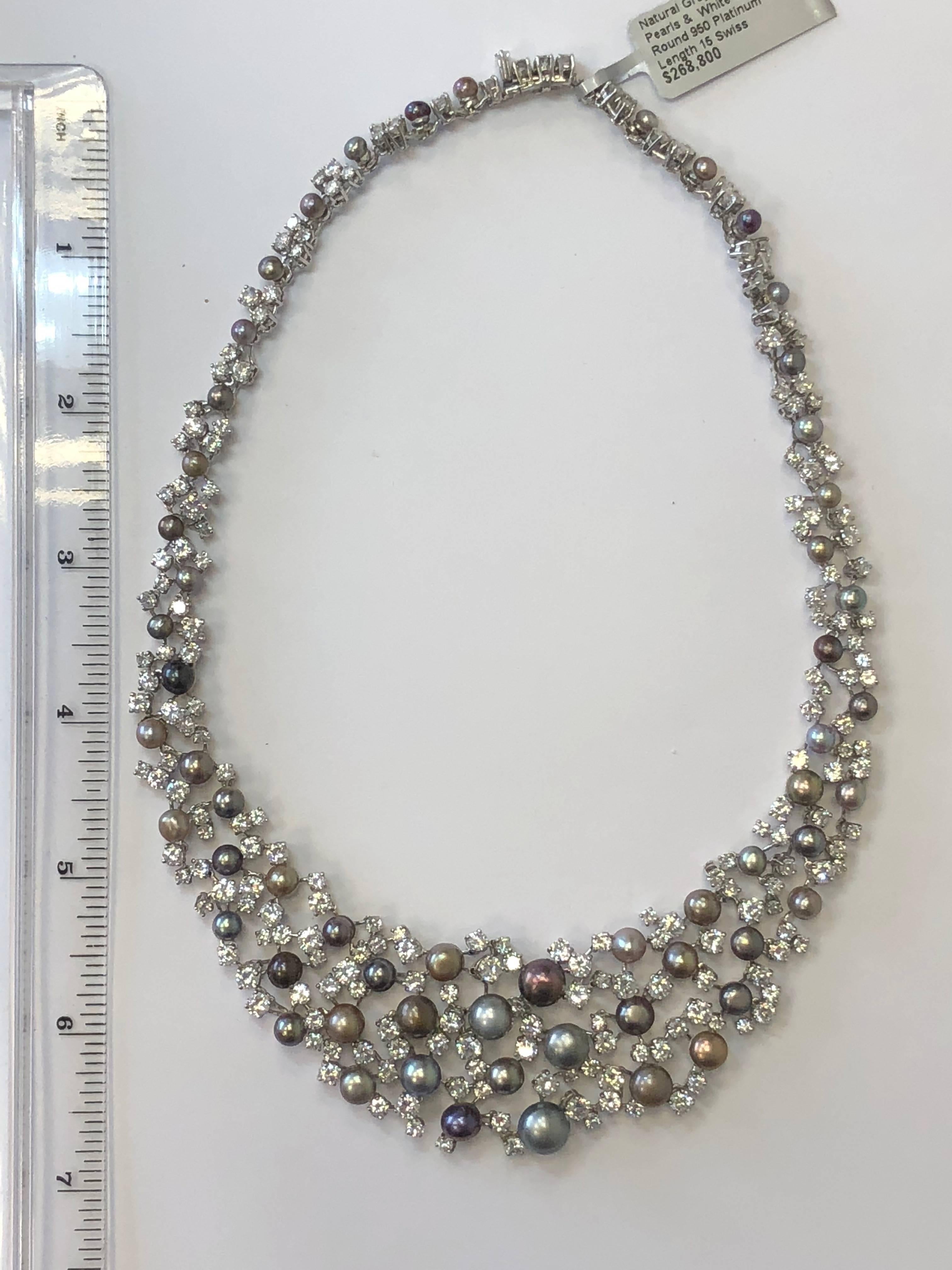 Alte alte englische natürliche graue runde Perlenkette mit Diamanten in Platin 2