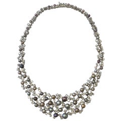 Old English Natural Gray Round Pearl Necklace with Diamonds in Platinum