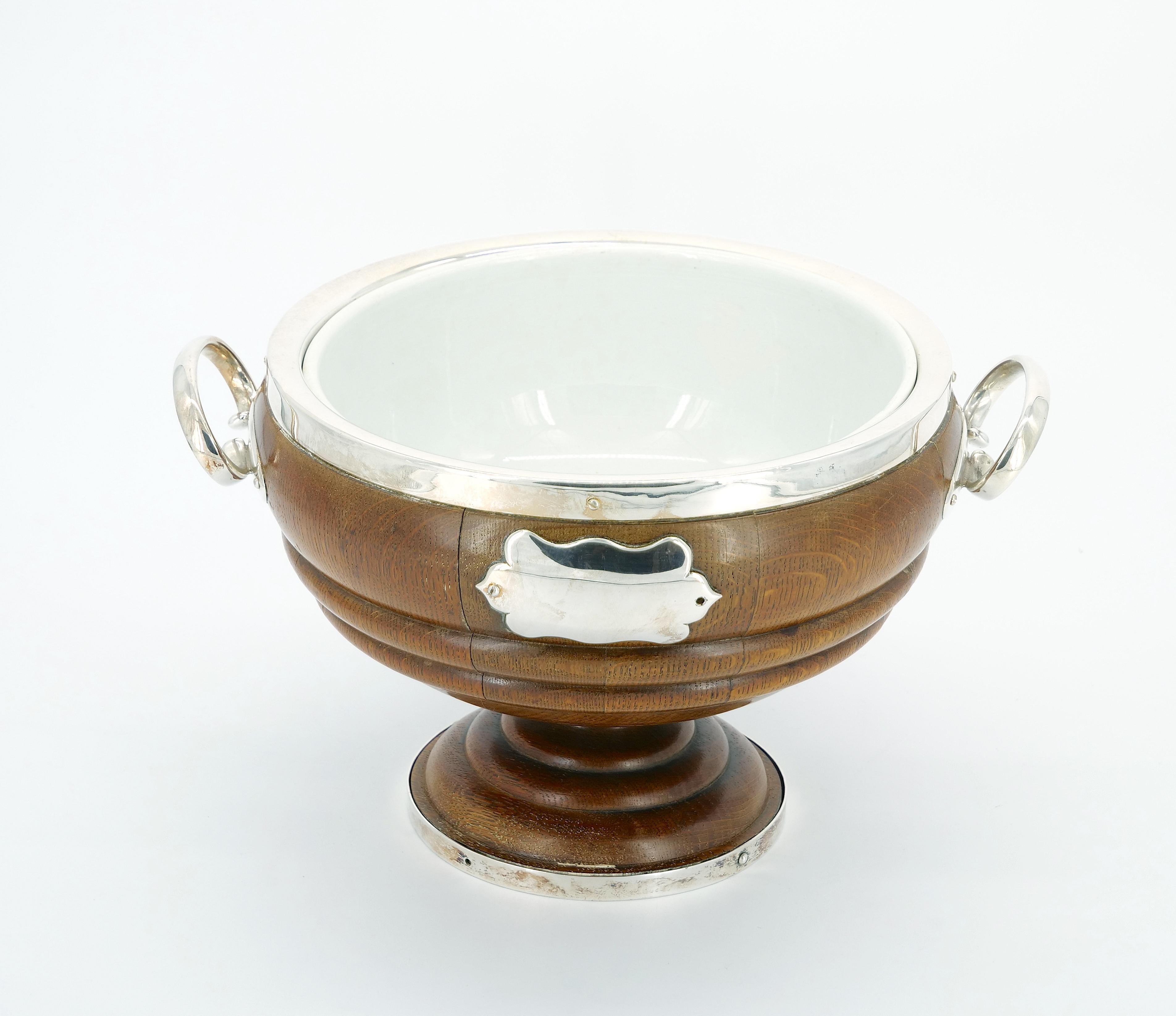 Old English Oak Exterior Holding Base / Porcelain Interior Tableware Bowl For Sale 7