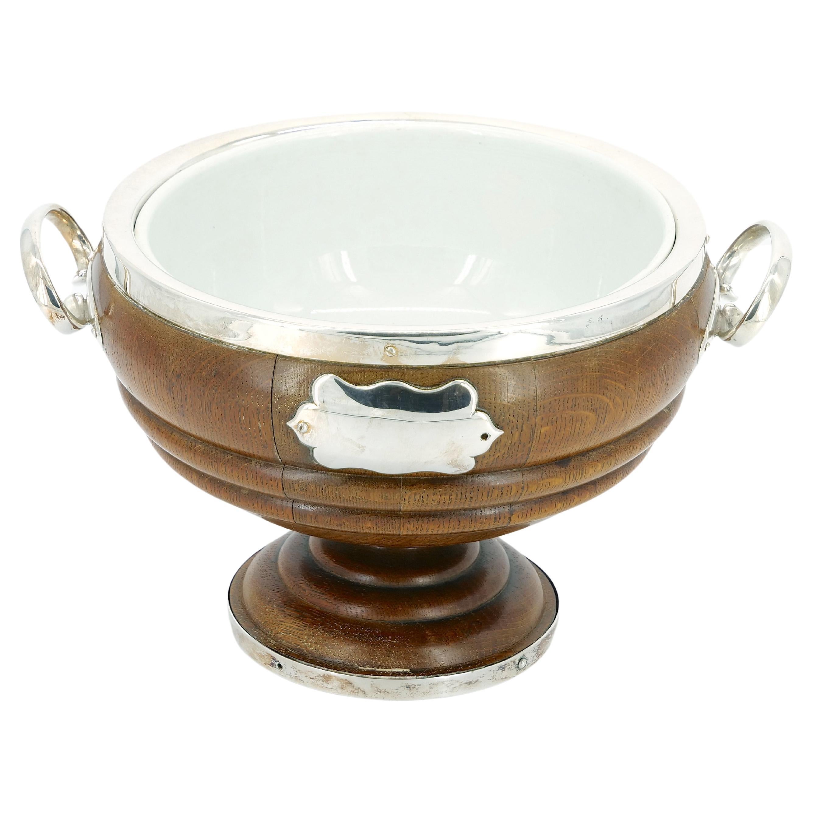 Old English Oak Exterior Holding Base / Porcelain Interior Tableware Bowl For Sale