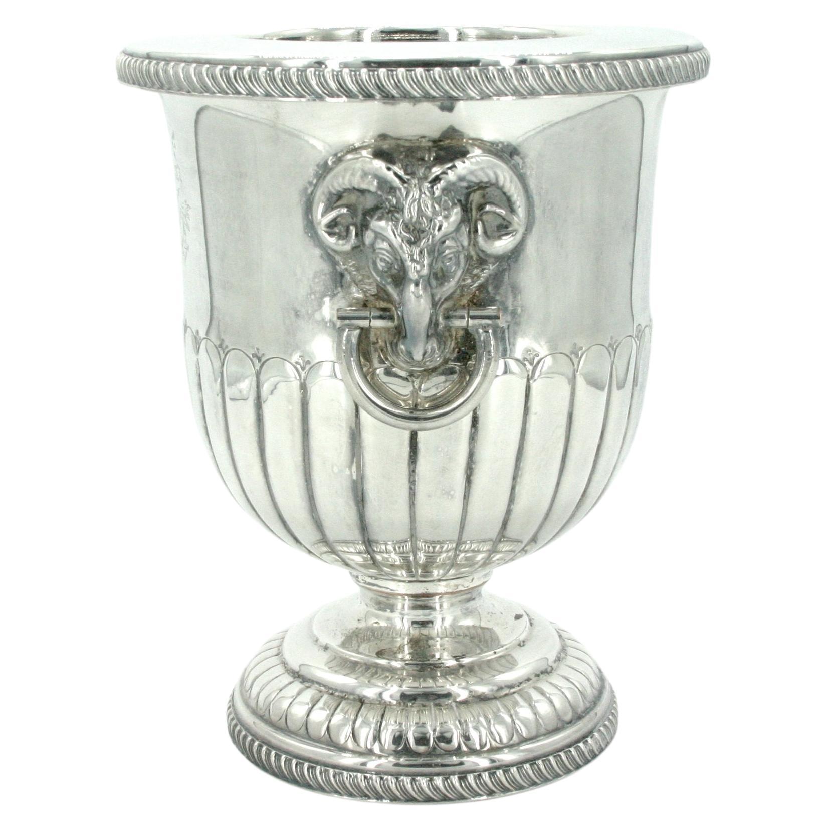 Old English Sheffield silver plate Regency style wine cooler / ice bucket .This exceptional Regency cooler retains the original detachable support frames, liners and push fit cover in a campana shape . It is made of silver on copper and fitted with