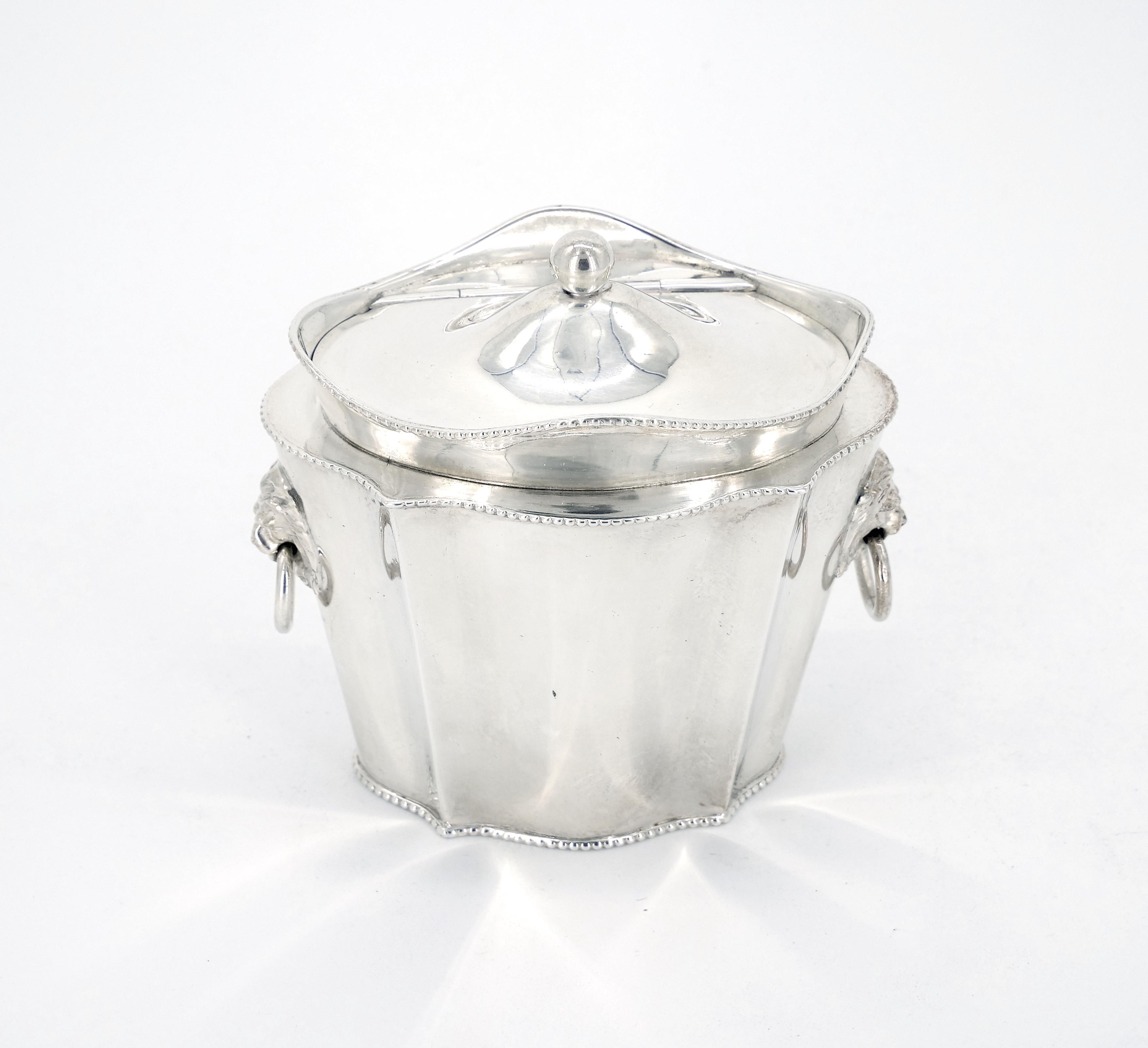 Art Deco Old English Sheffield Silver Plate / Lion Head Side Handle Tea Caddy For Sale