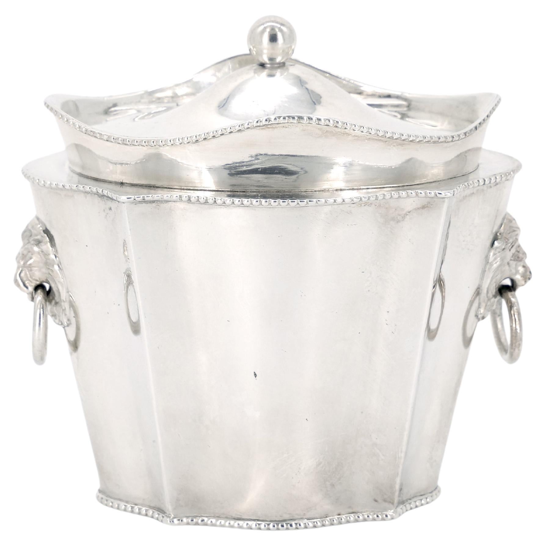 Old English Sheffield Silver Plate / Lion Head Side Handle Tea Caddy For Sale