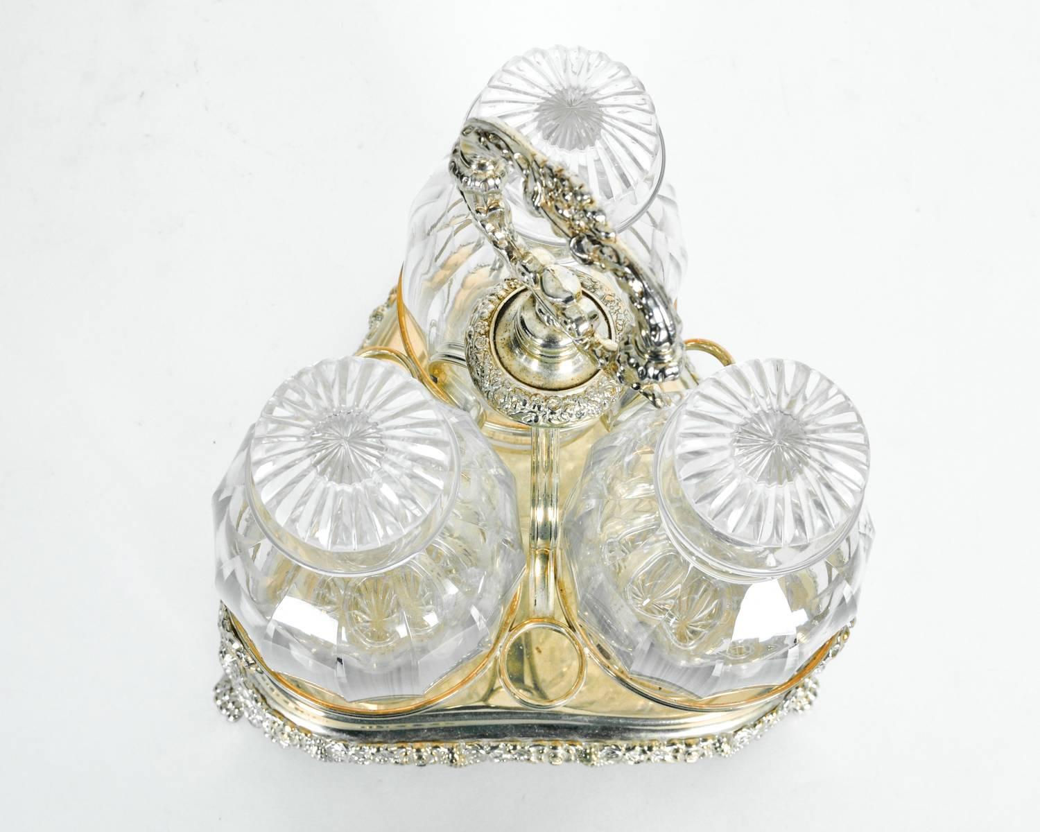 Old English Sheffield Silver Plated Three Cut Crystal Decanter Set In Good Condition For Sale In Tarry Town, NY