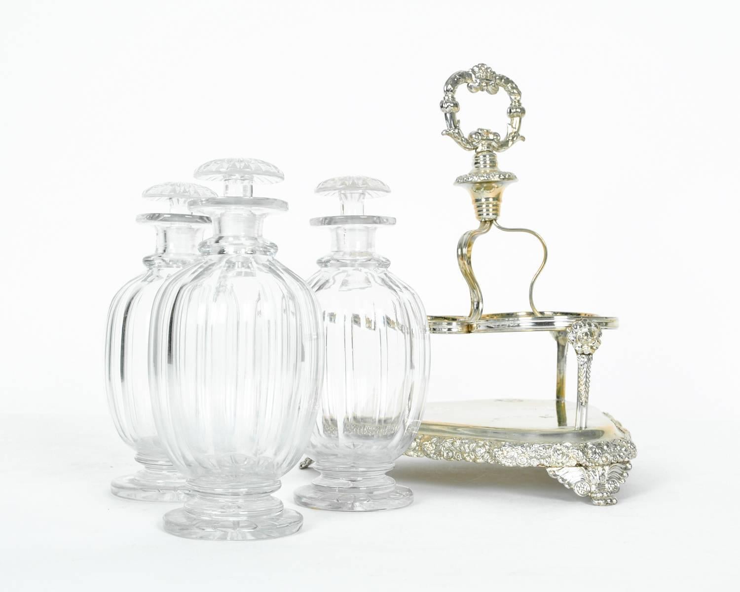 19th Century Old English Sheffield Silver Plated Three Cut Crystal Decanter Set For Sale
