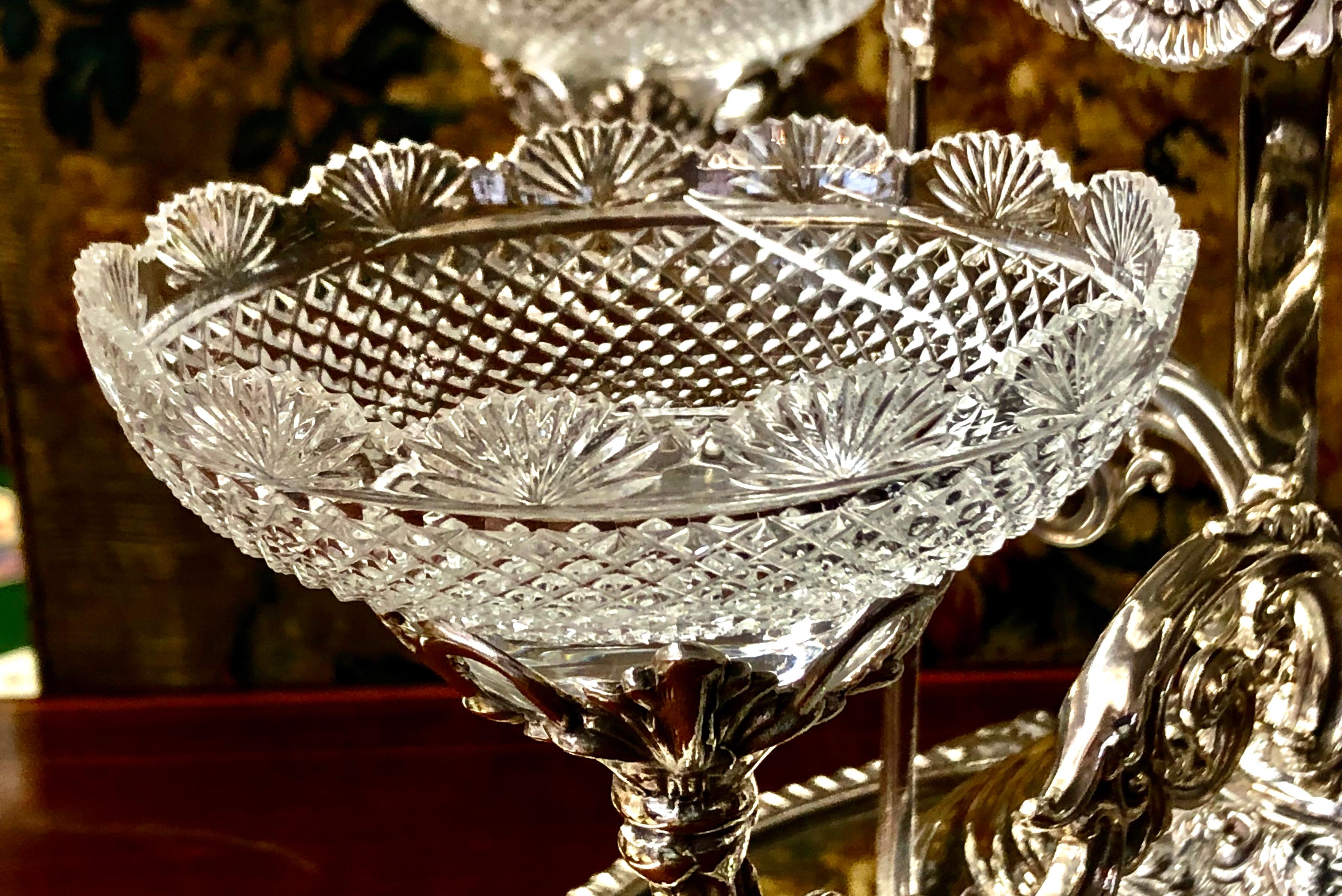 George III Old English Sheffield Silver Plate & Cut Crystal Geo. Style Epergne and Plateau