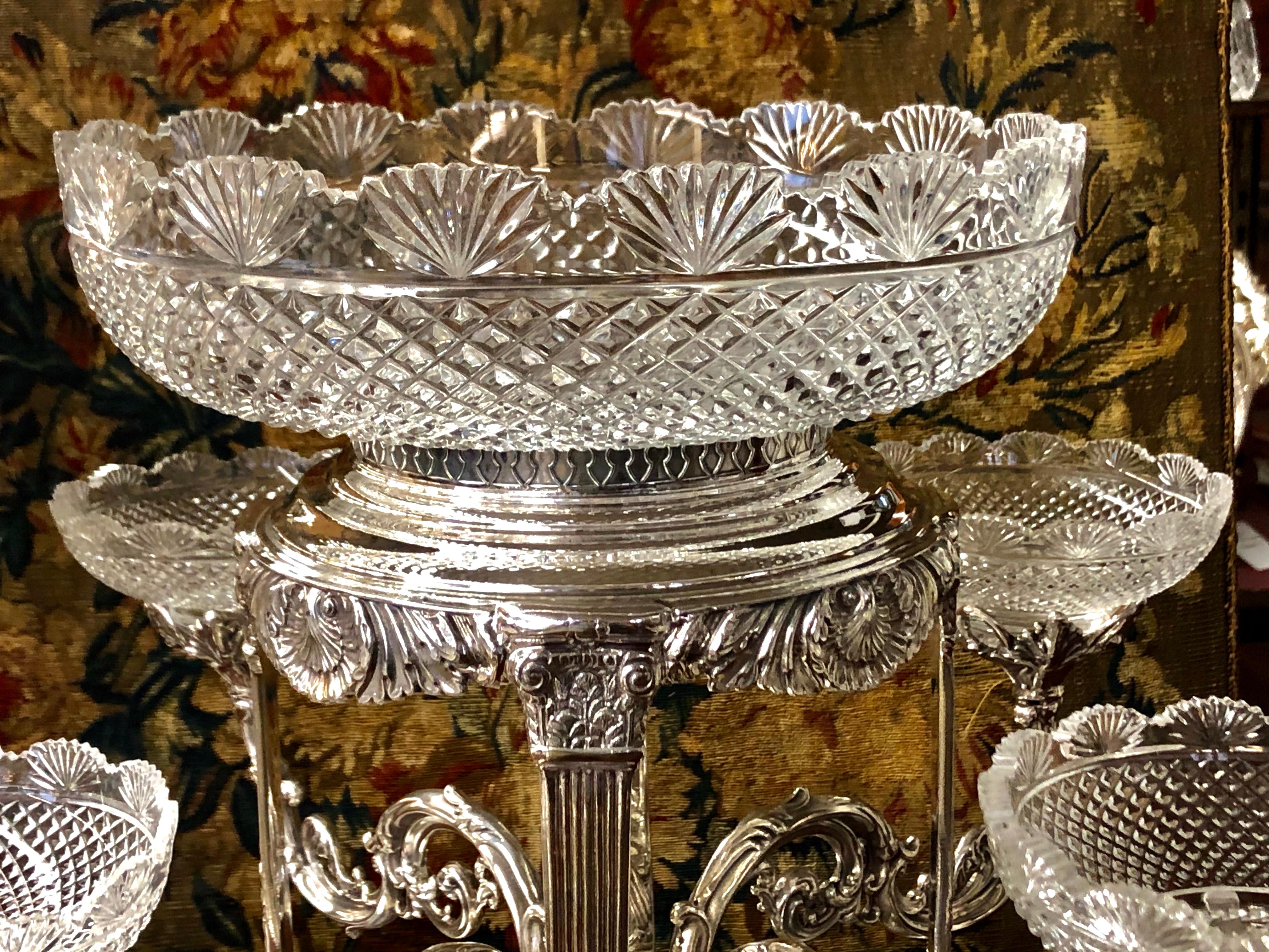 Metalwork Old English Sheffield Silver Plate & Cut Crystal Geo. Style Epergne and Plateau