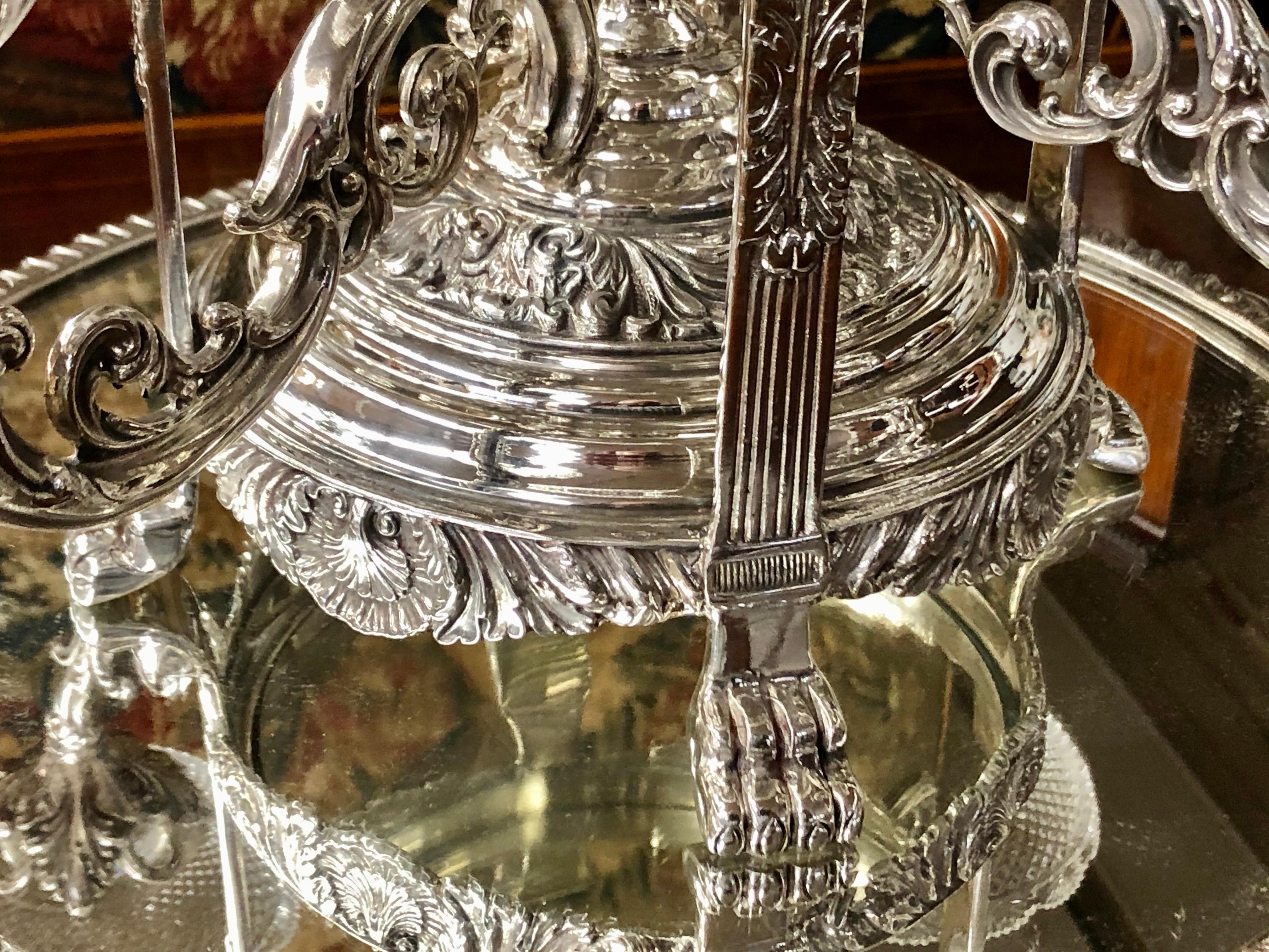 20th Century Old English Sheffield Silver Plate & Cut Crystal Geo. Style Epergne and Plateau